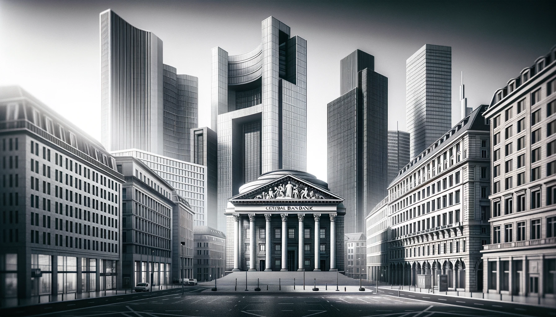 "A financial district in Europe with modern skyscrapers and a central bank building, in a monochrome filter."