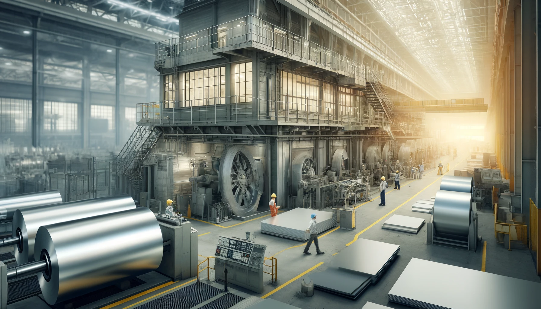 "An image of an industrial aluminum factory with workers operating machinery in a modern, real-life environment."