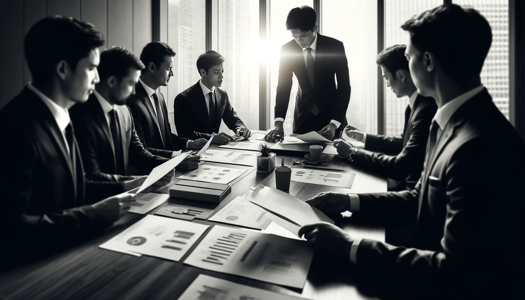 “Executives in a conference room discussing documents during an acquisition meeting, in monochrome.”