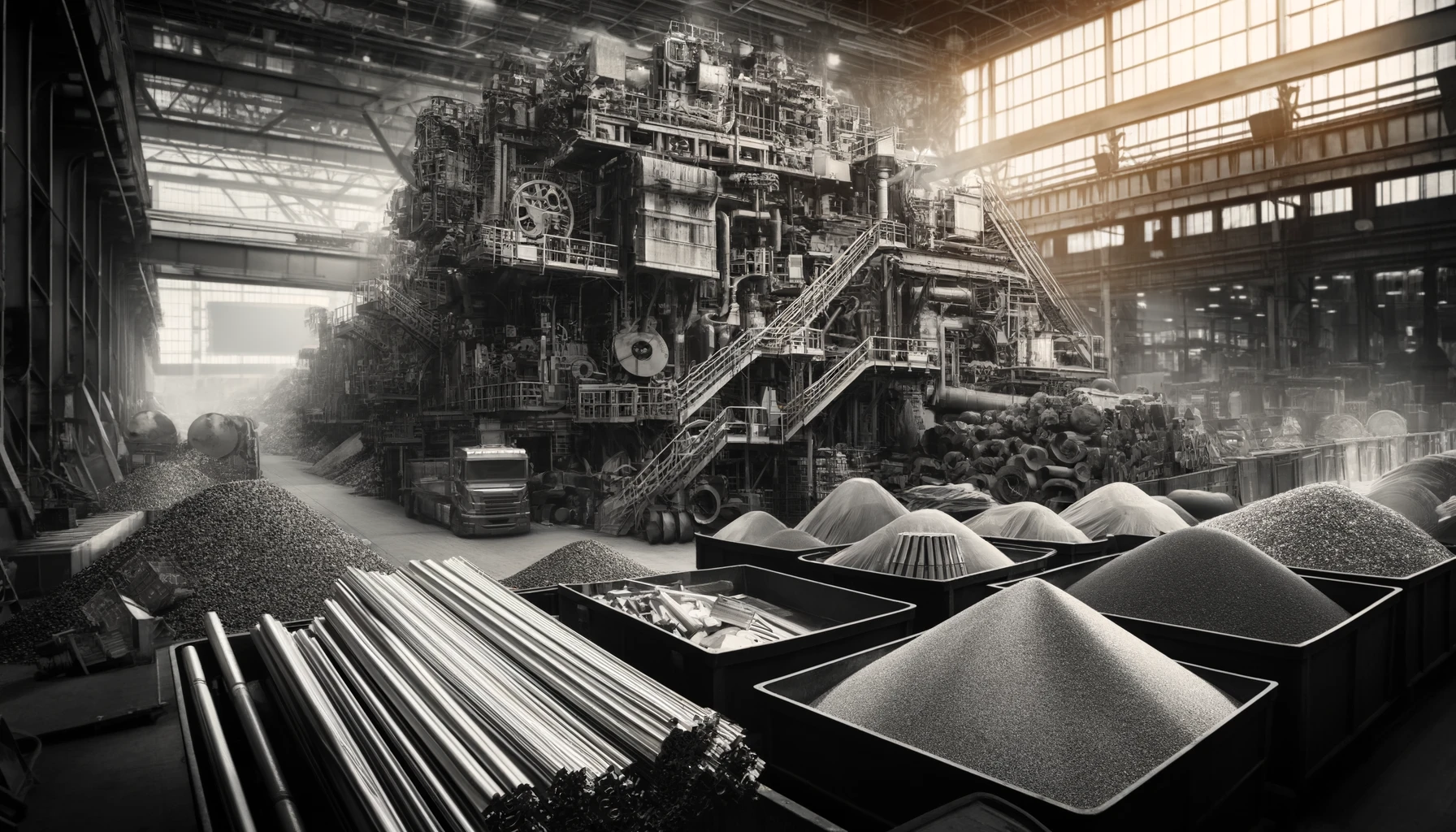 "Close-up of industrial metals in a warehouse, with large stockpiles and machinery."