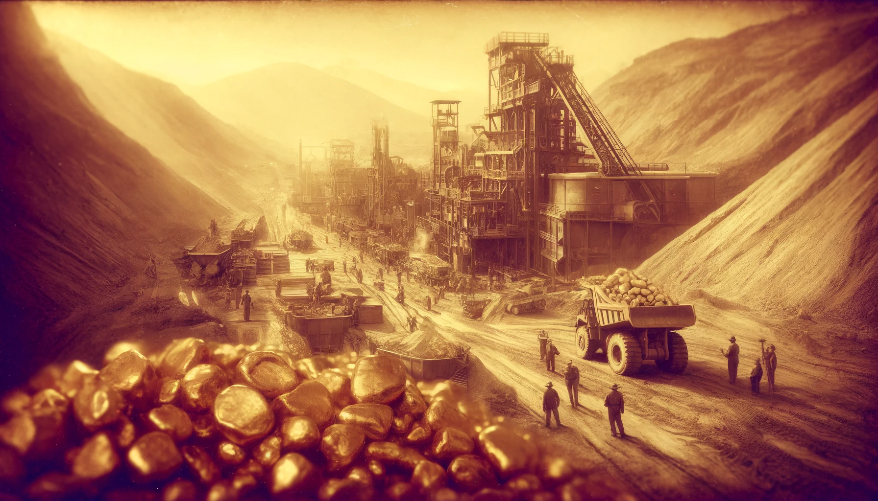 "Gold mining operations at Jeffreys Find gold mine with workers and machinery in action, shown in a vintage sepia tone."