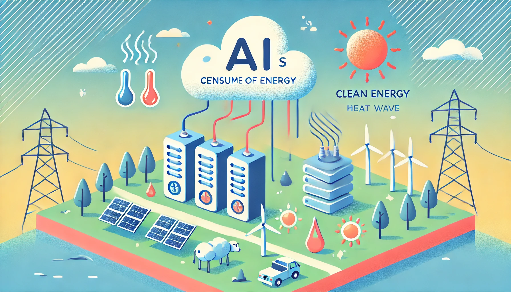 ”An illustration of AI servers consuming energy, with electric symbols, heat waves, sun icons, and clean energy panels”.