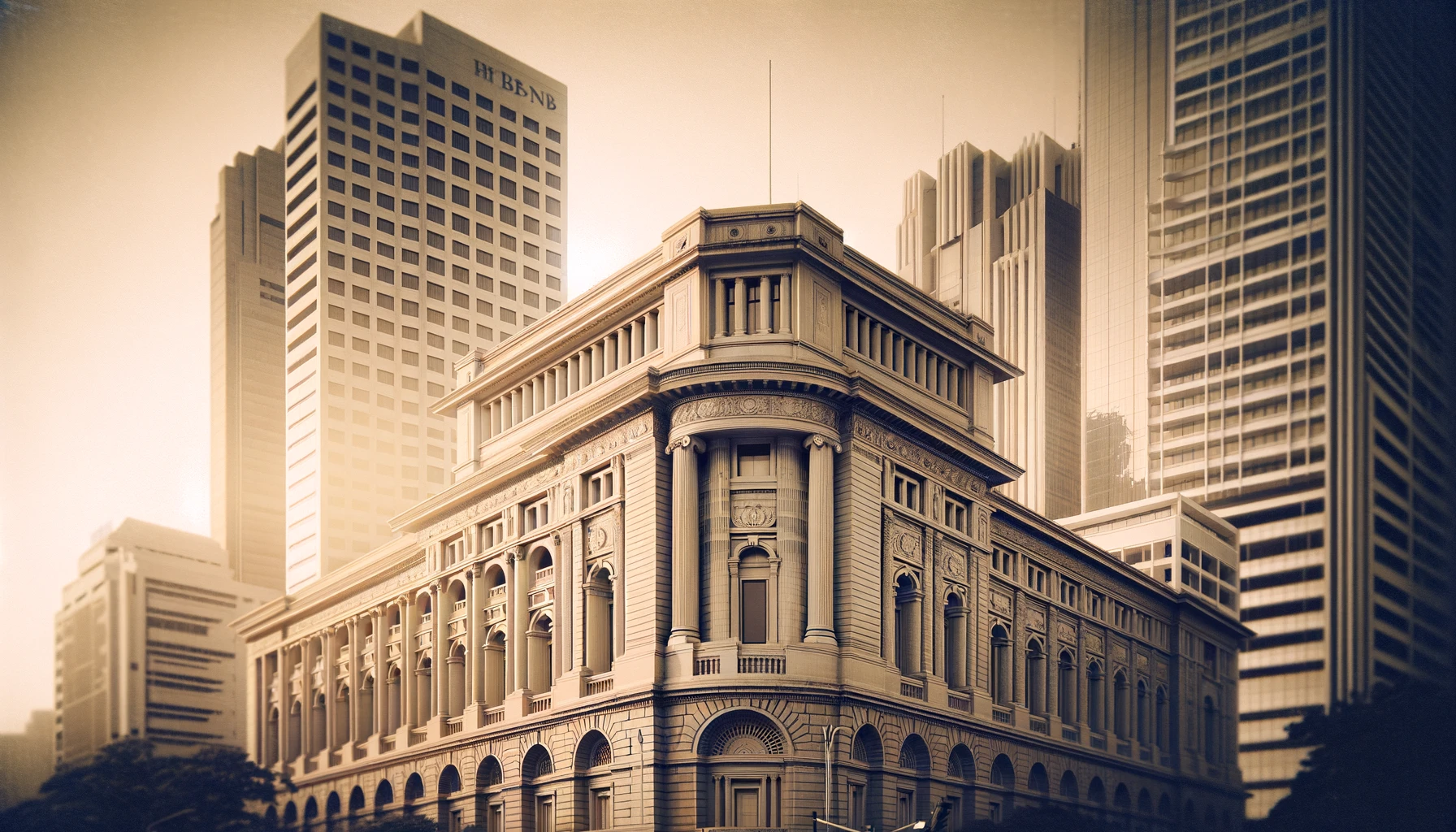 “Bank of Thailand building in Bangkok, with vintage sepia effect, highlighting financial stability and economic importance.”