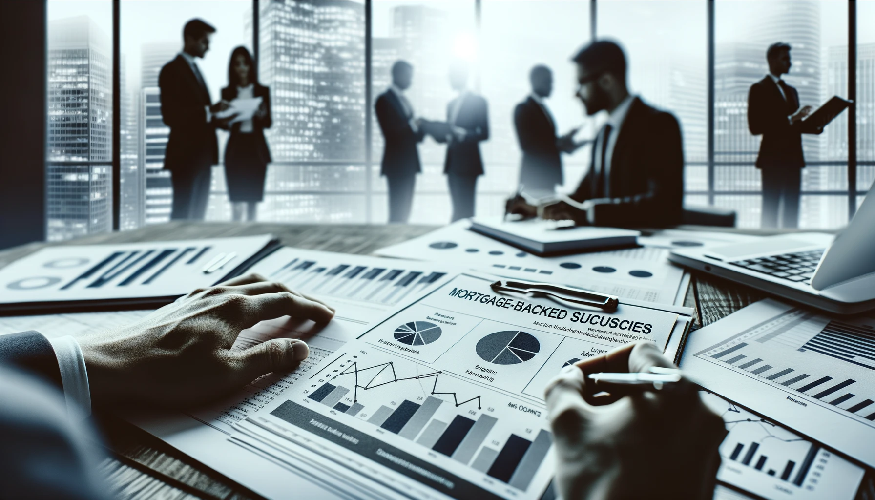 "A close-up shot of financial charts, graphs, and documents related to mortgage-backed securities spread across a desk.”