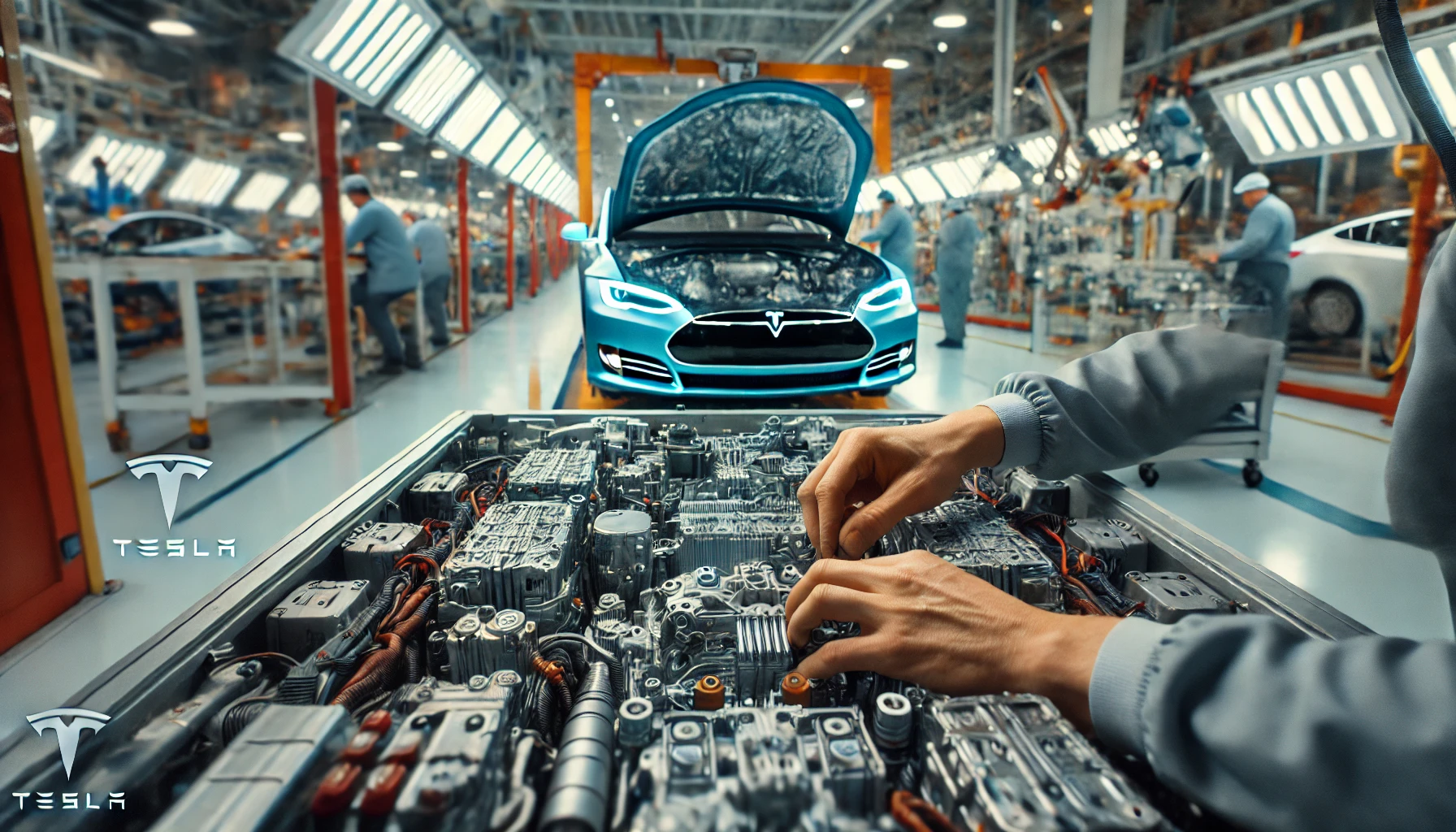 A close-up of Tesla's electric vehicle assembly line, focusing on the intricate components and precision.