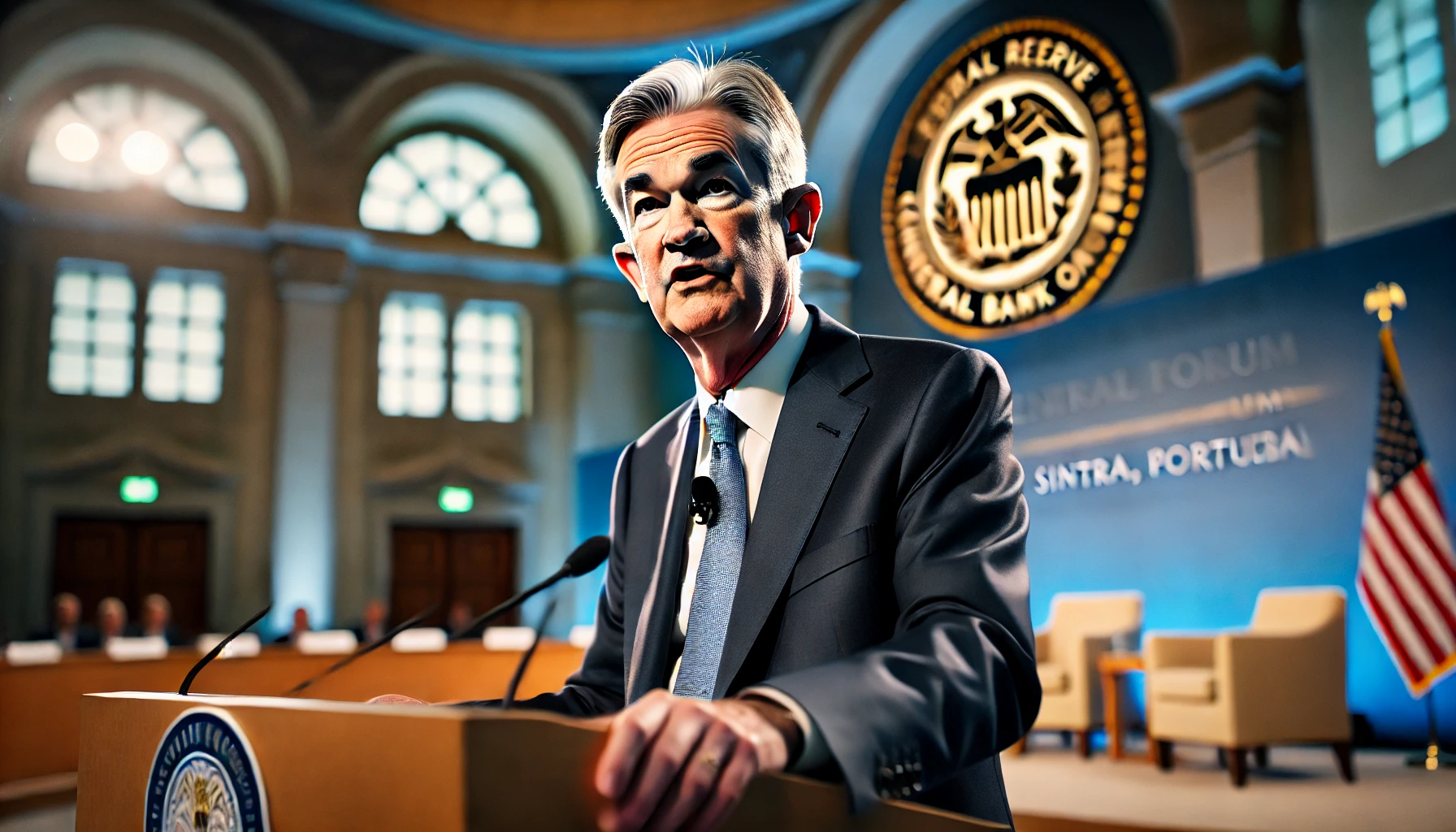 Federal Reserve Chair Jerome Powell speaking at a central bank forum in Sintra, Portugal, emphasizing economic progress.