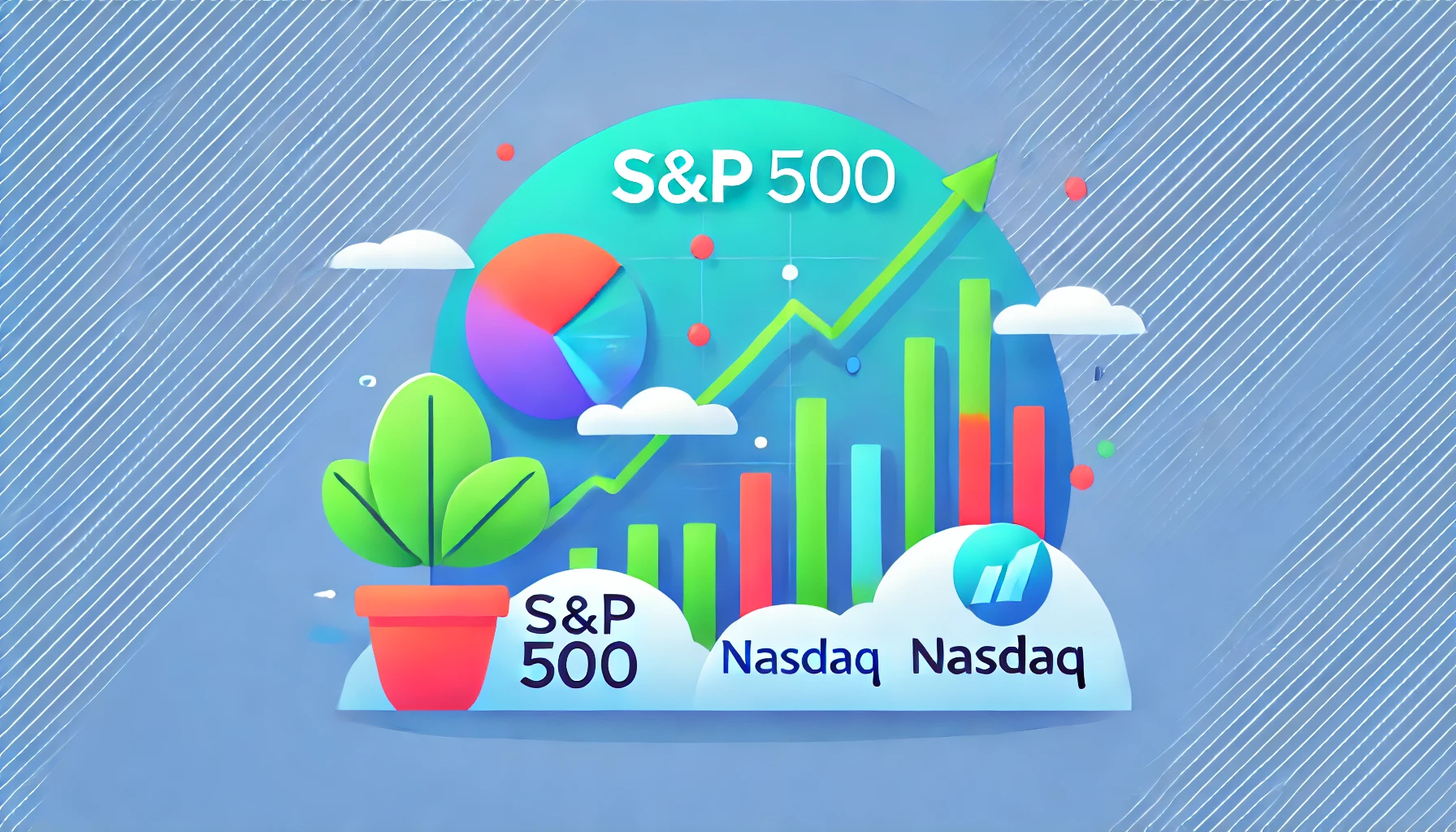 ”A graph shows an upward trend in S&P 500 and Nasdaq indices, with green and blue colors and minimalistic symbols”.