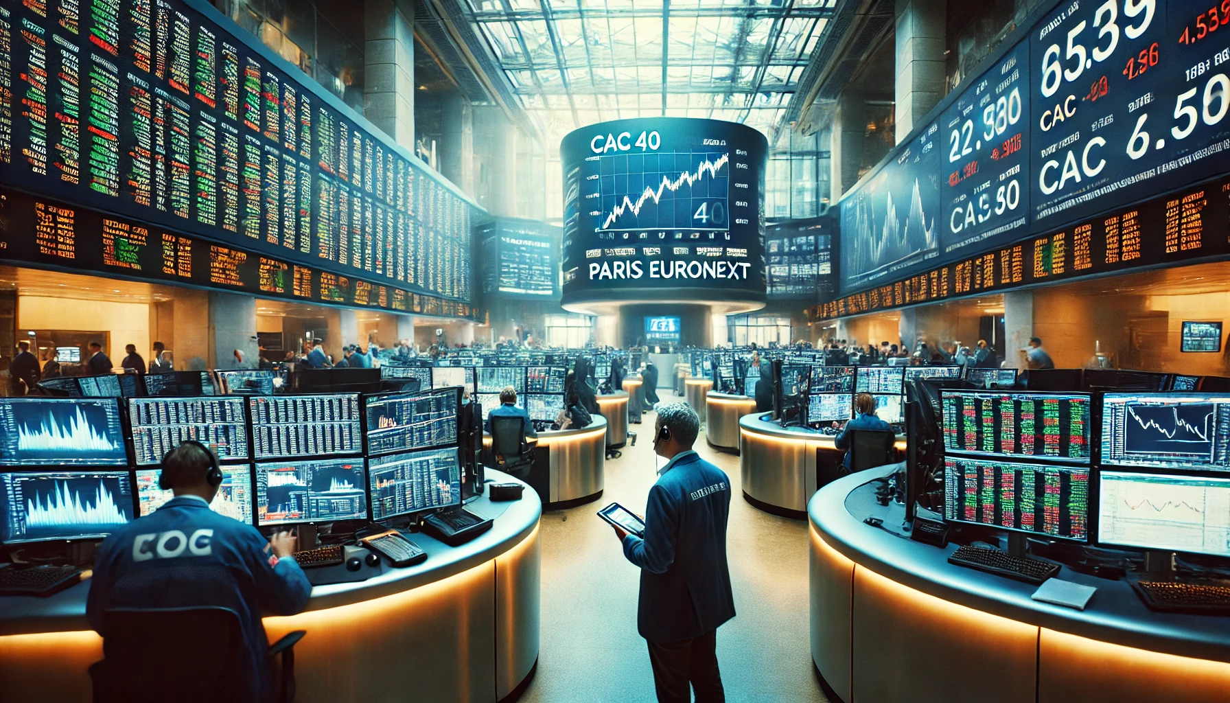 Dynamic Paris Euronext scene with traders and monitors displaying stock data, featuring the CAC 40 index.