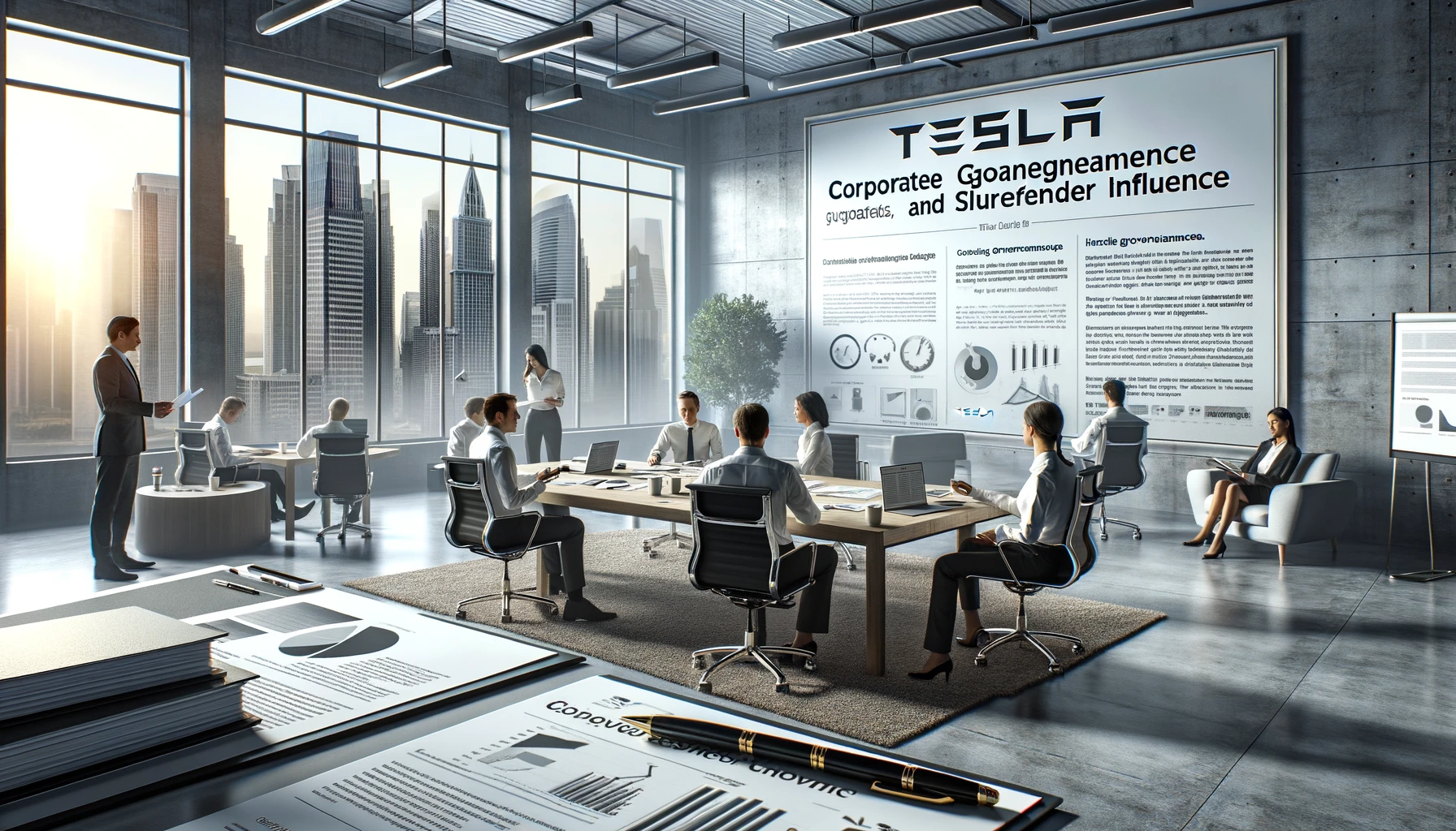 "Executives in a modern Tesla office discussing corporate governance and shareholder influence, with laptops and documents on the table.”