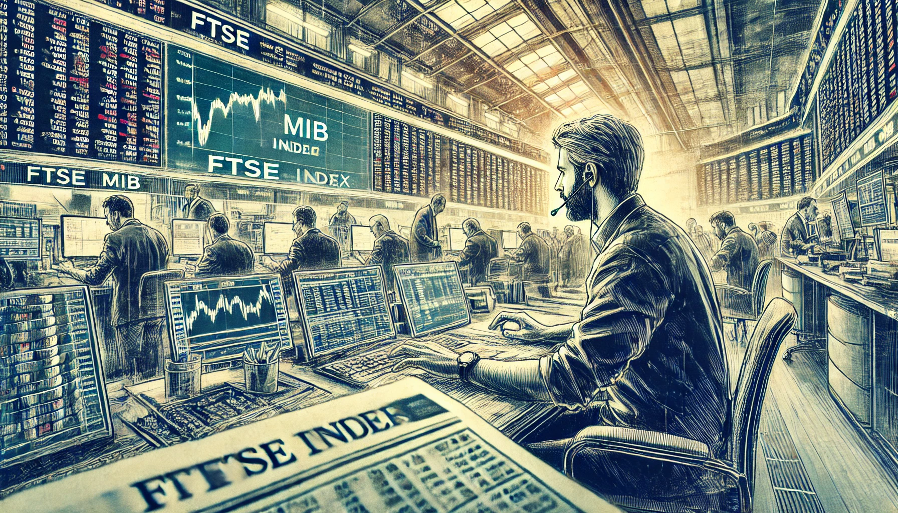 "depiction of a bustling Italian stock market trading floor, featuring traders and real-time FTSE MIB index data."