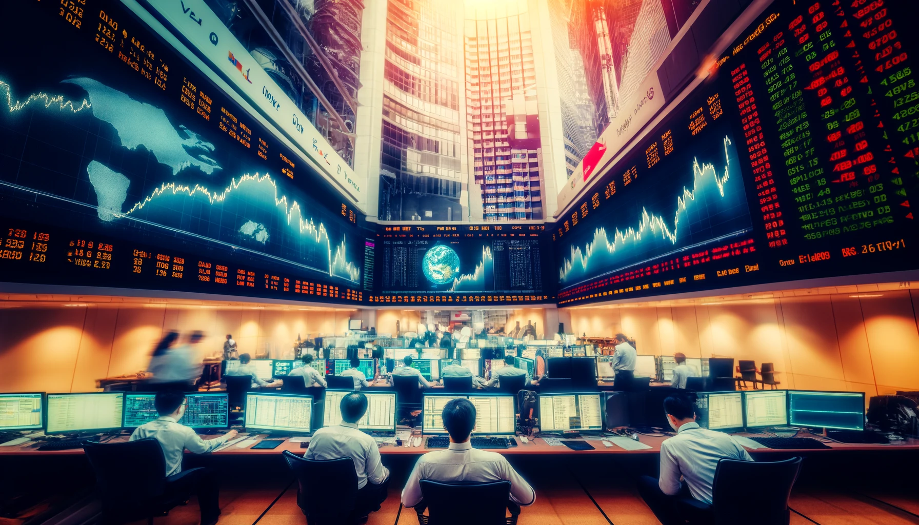 Traders working on the Singapore Exchange trading floor, with stock market screens and charts in the background