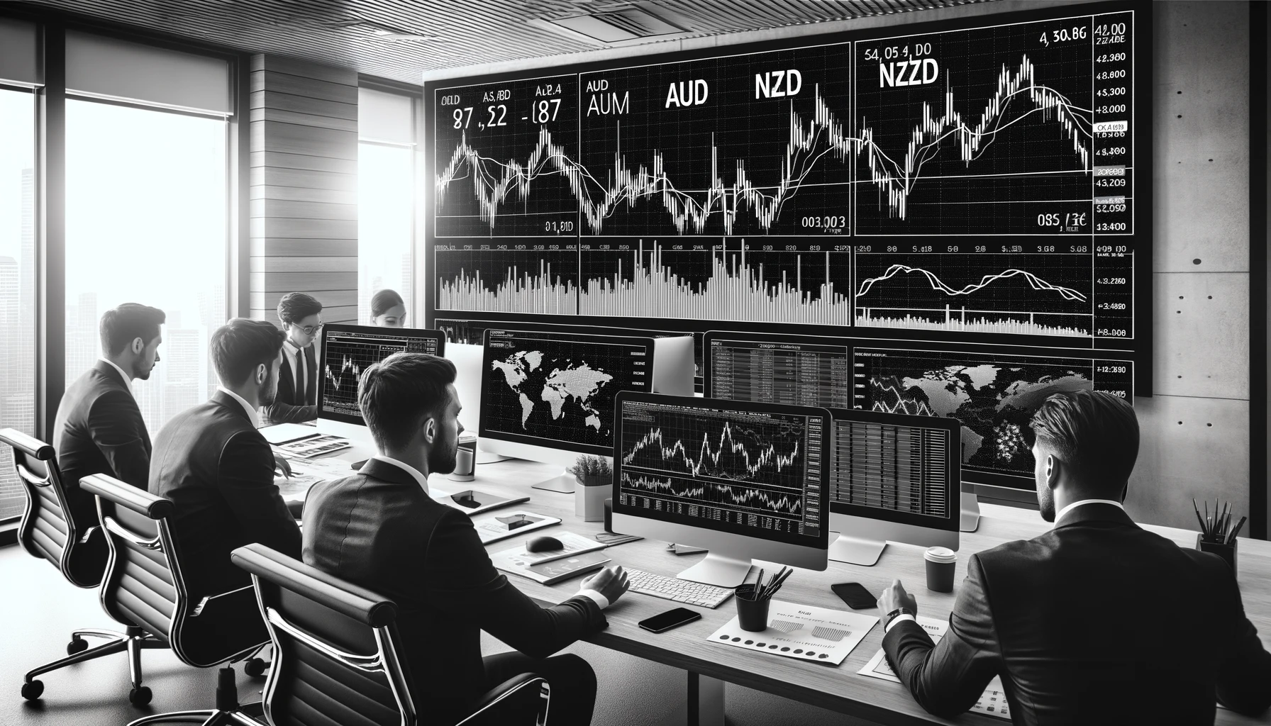 “Forex traders analyzing AUD and NZD currency exchange rates on multiple screens in a modern office with a monochrome filter."