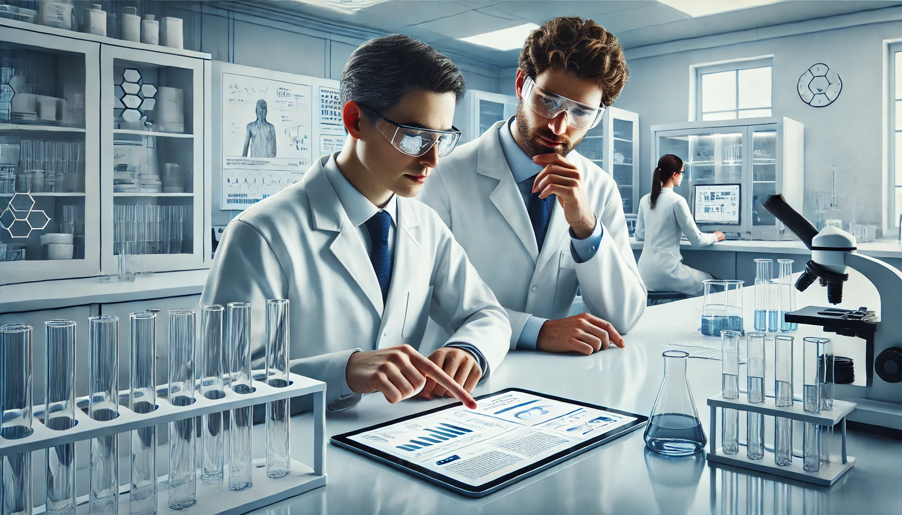 “Two scientists in a lab reviewing data on a tablet, discussing research findings, with lab equipment in the background.”