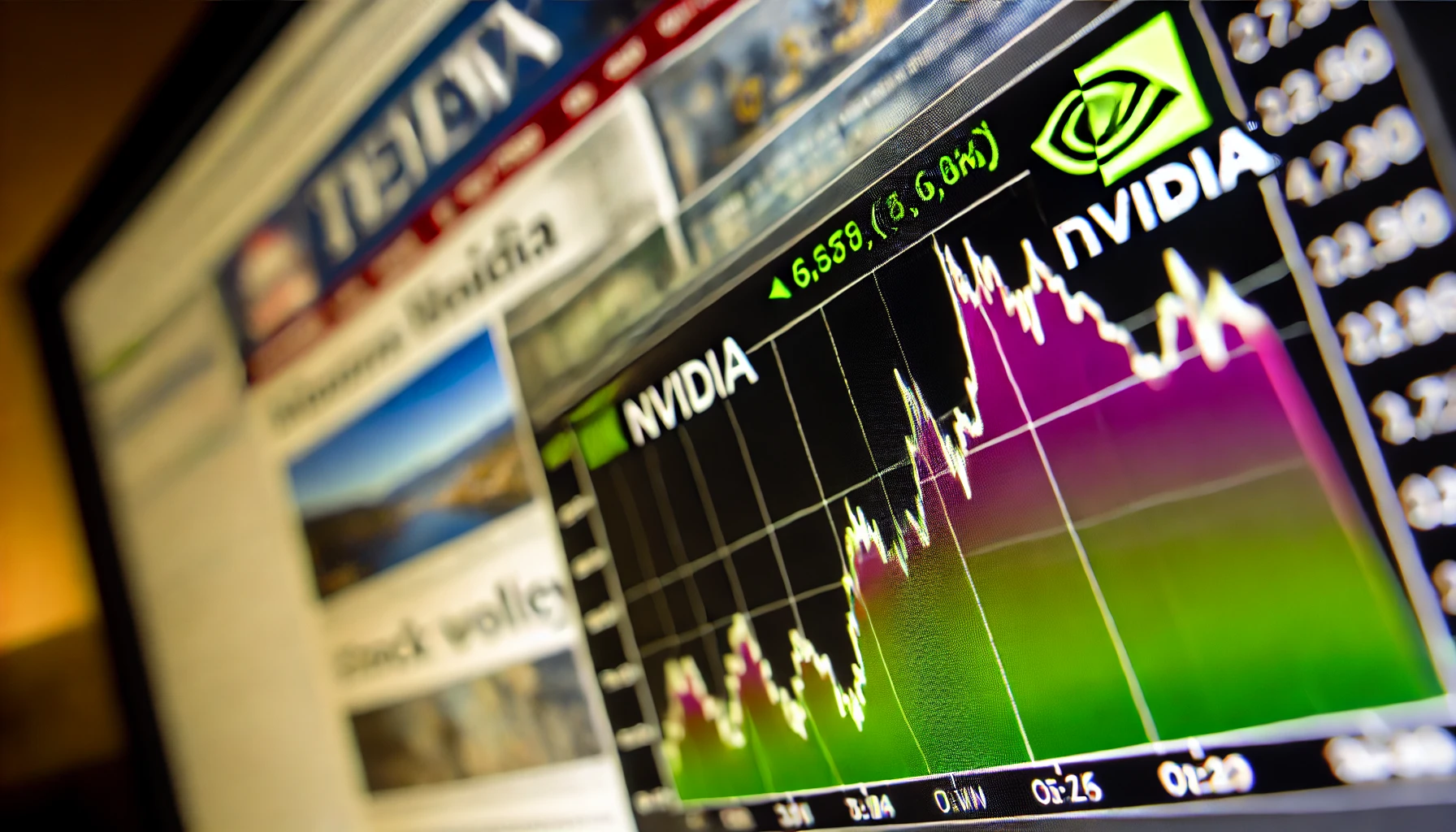 Close-up of a computer screen showing Nvidia's fluctuating stock chart, with financial news  in the background.