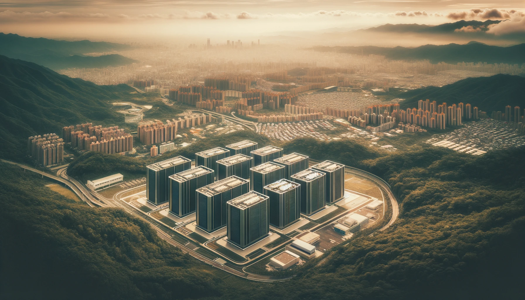 “Aerial view of a modern data center complex in Taiwan, surrounded by hills and cityscape, with a vintage sepia filter.”