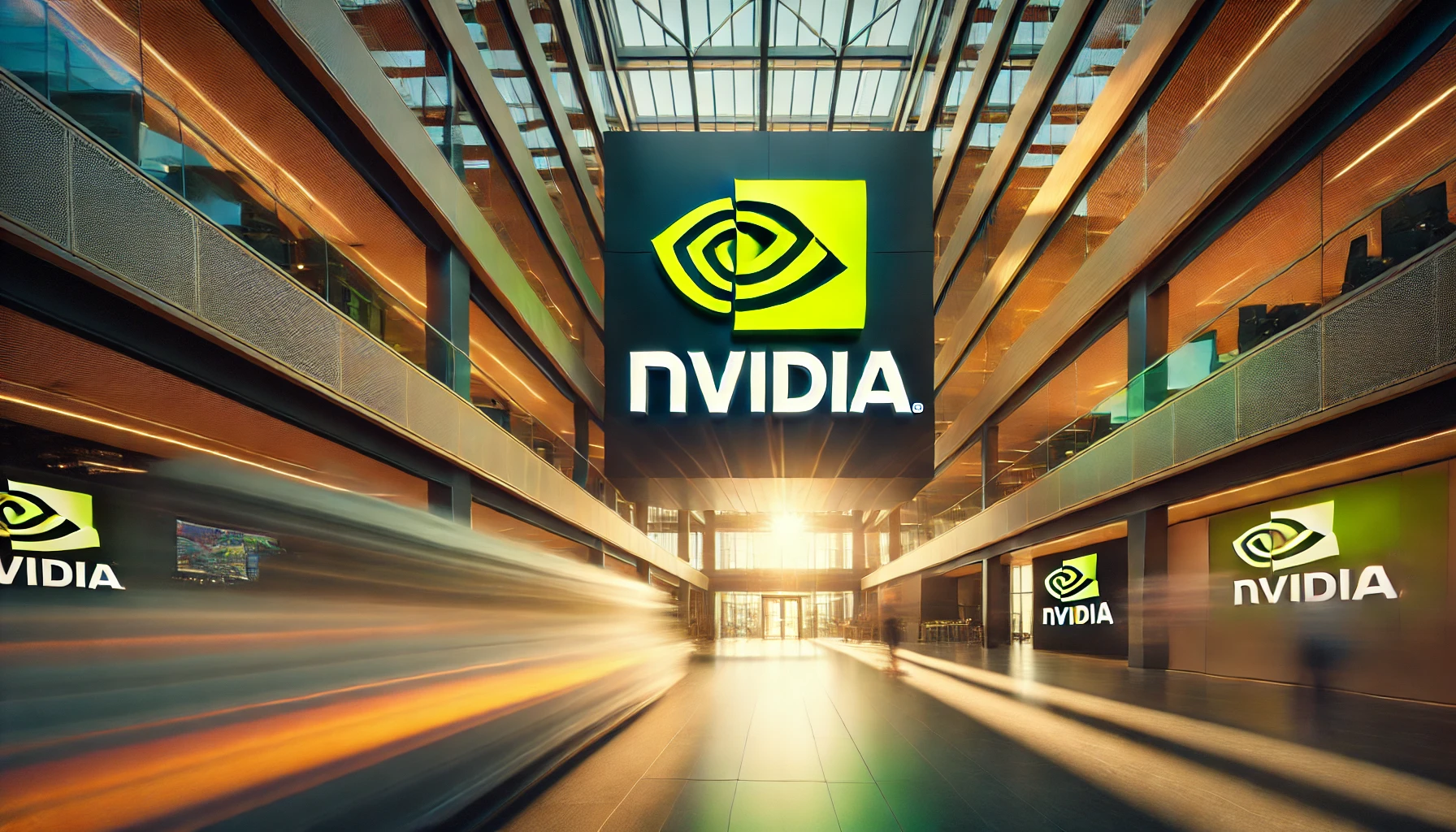 "Nvidia corporate office building with the Nvidia logo prominently displayed, captured with vibrant natural light."