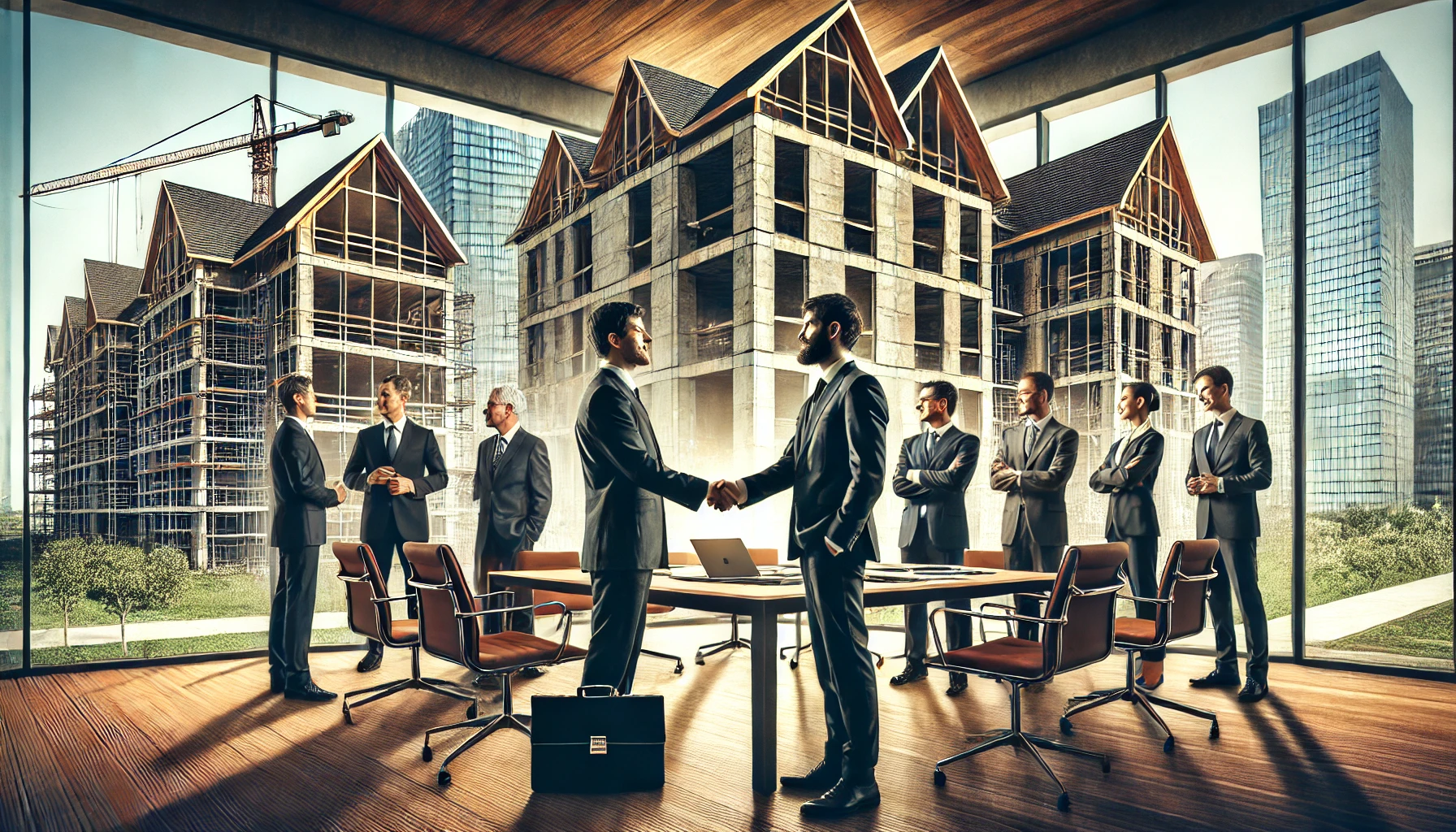 "Corporate leaders shaking hands in a modern office with a residential construction project visible through the windows.”