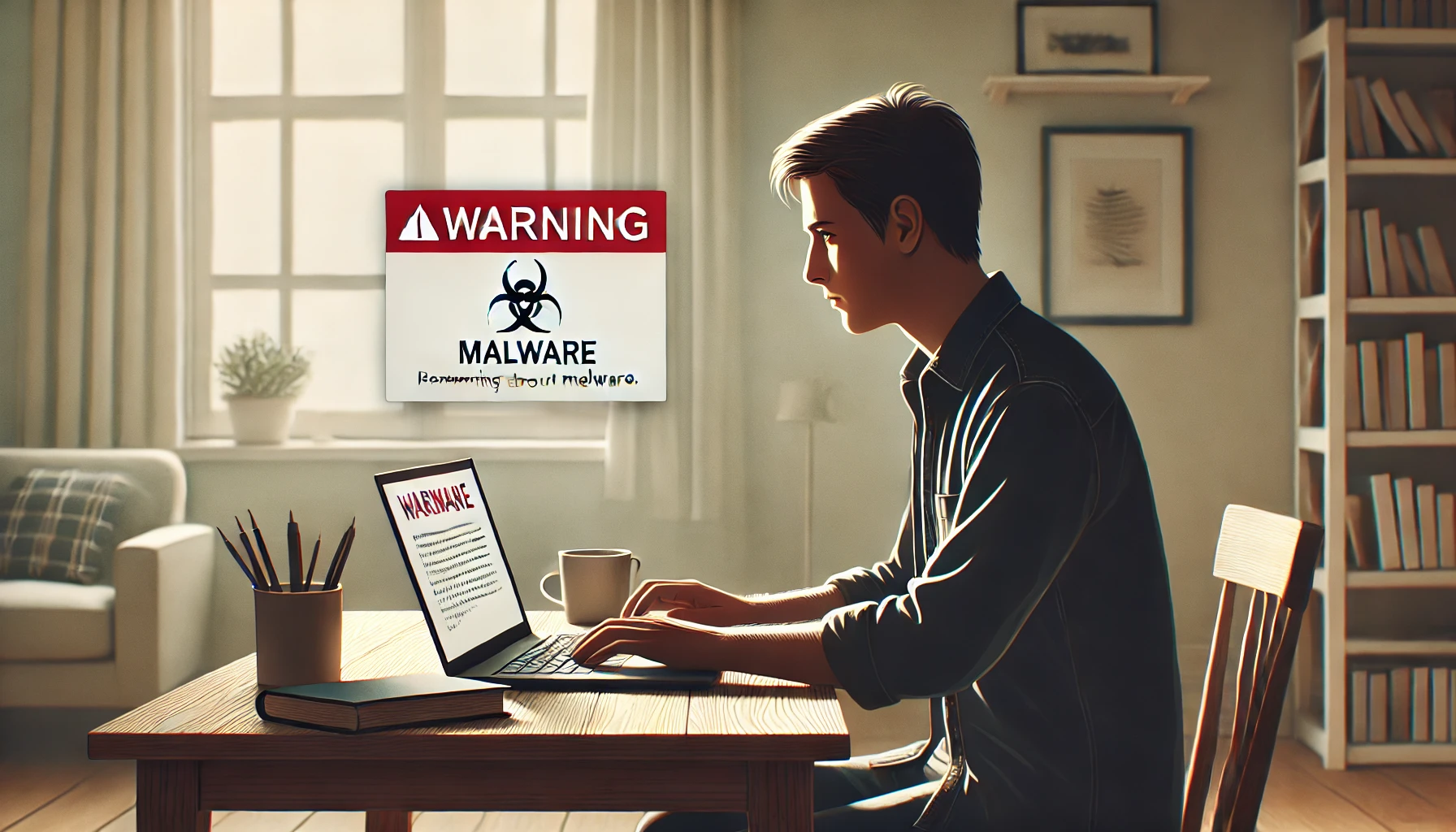 "A person working on a laptop showing a malware warning, looking concerned."