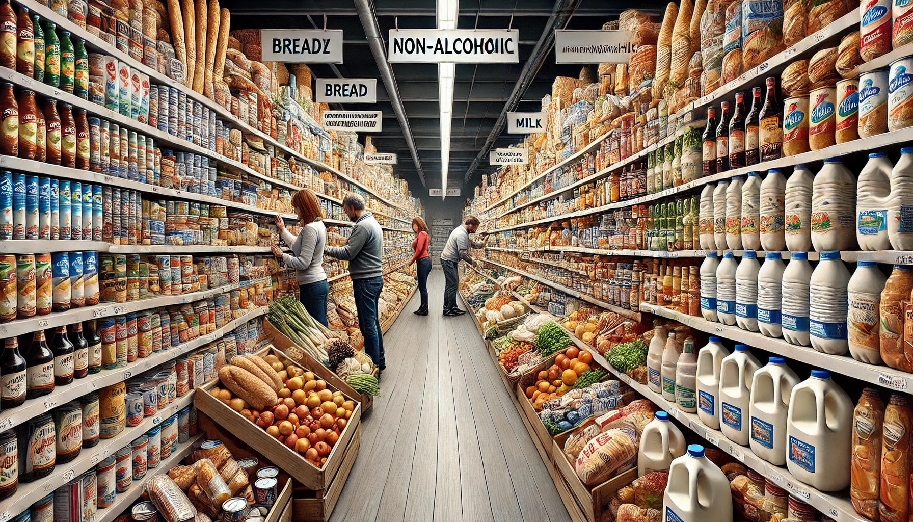 Shoppers in a Polish grocery store aisle choosing staple foods and beverages amidst rising prices.