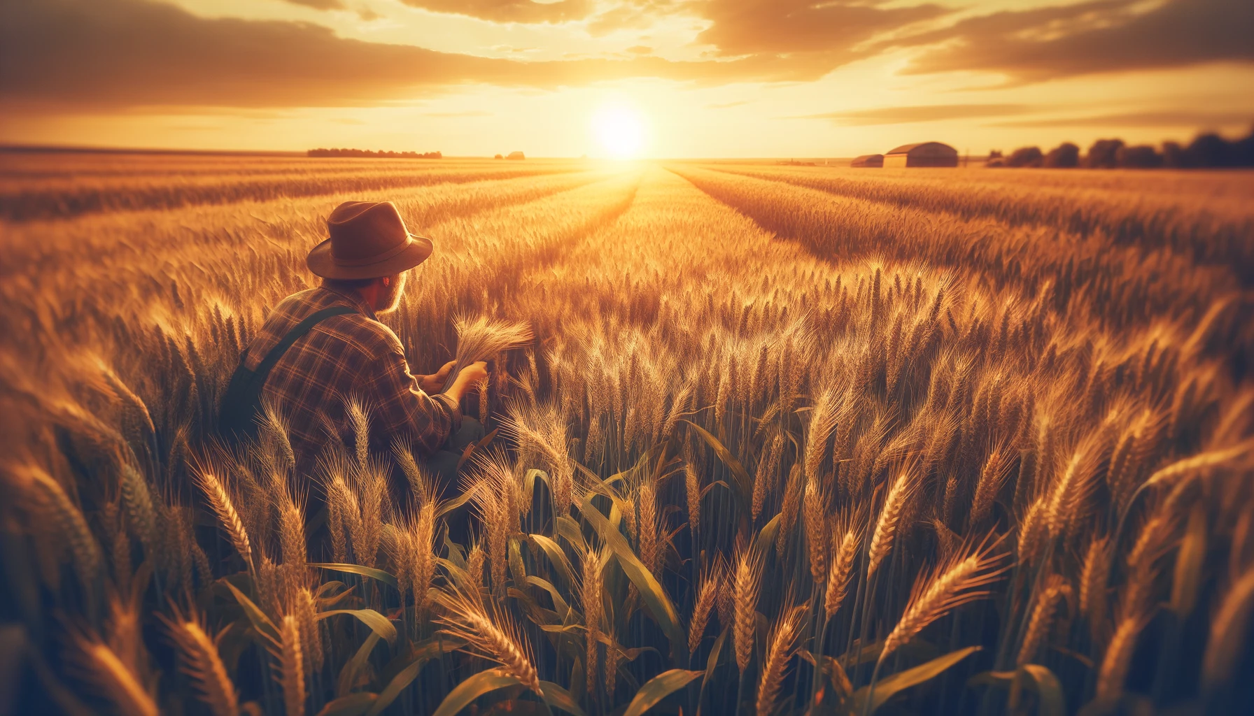 "A farmer inspecting a golden wheat field at sunset with a vintage sepia filter."