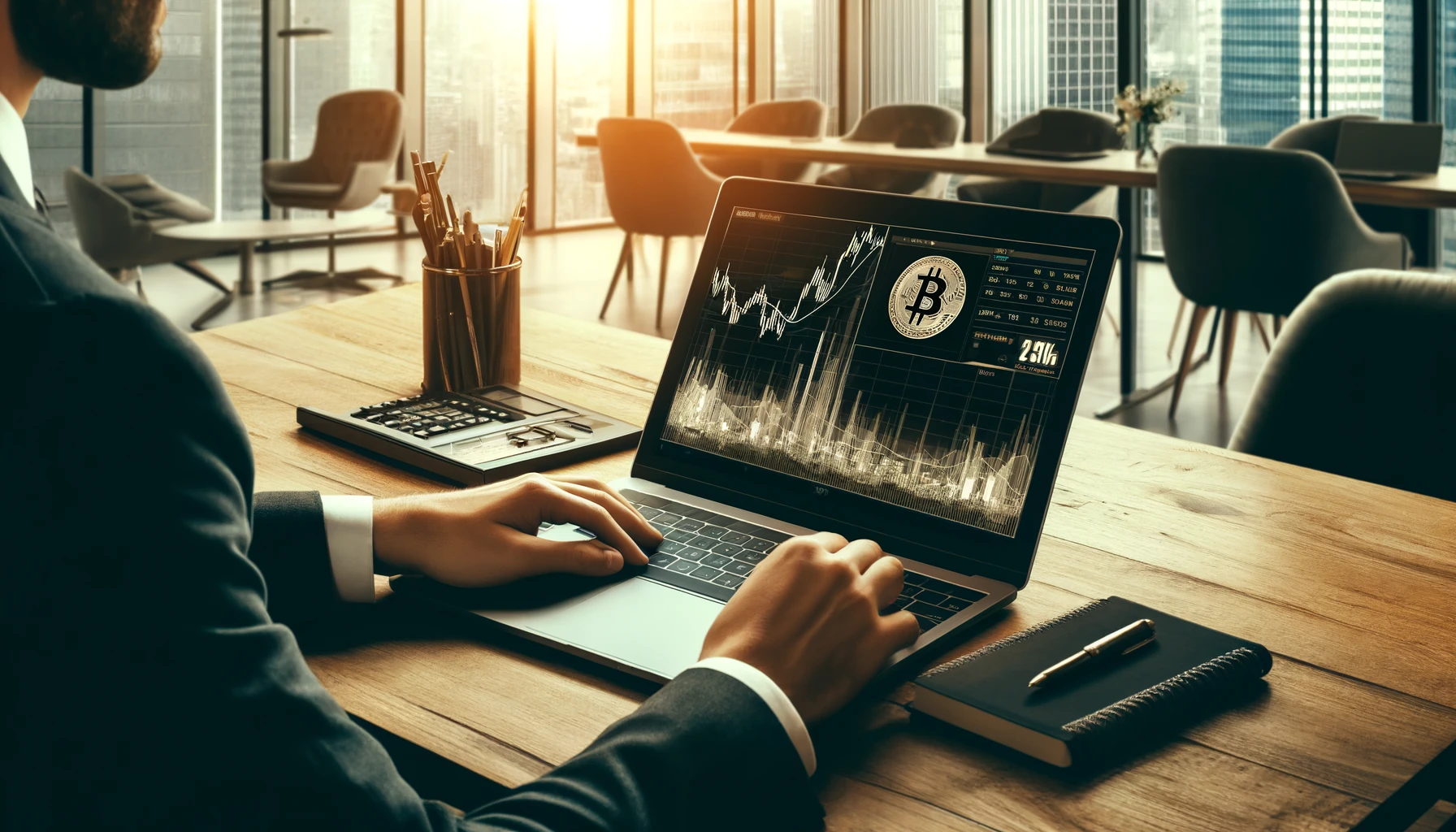 "Financial analyst working on a laptop with Bitcoin ETF charts displayed on the screen in a modern office."