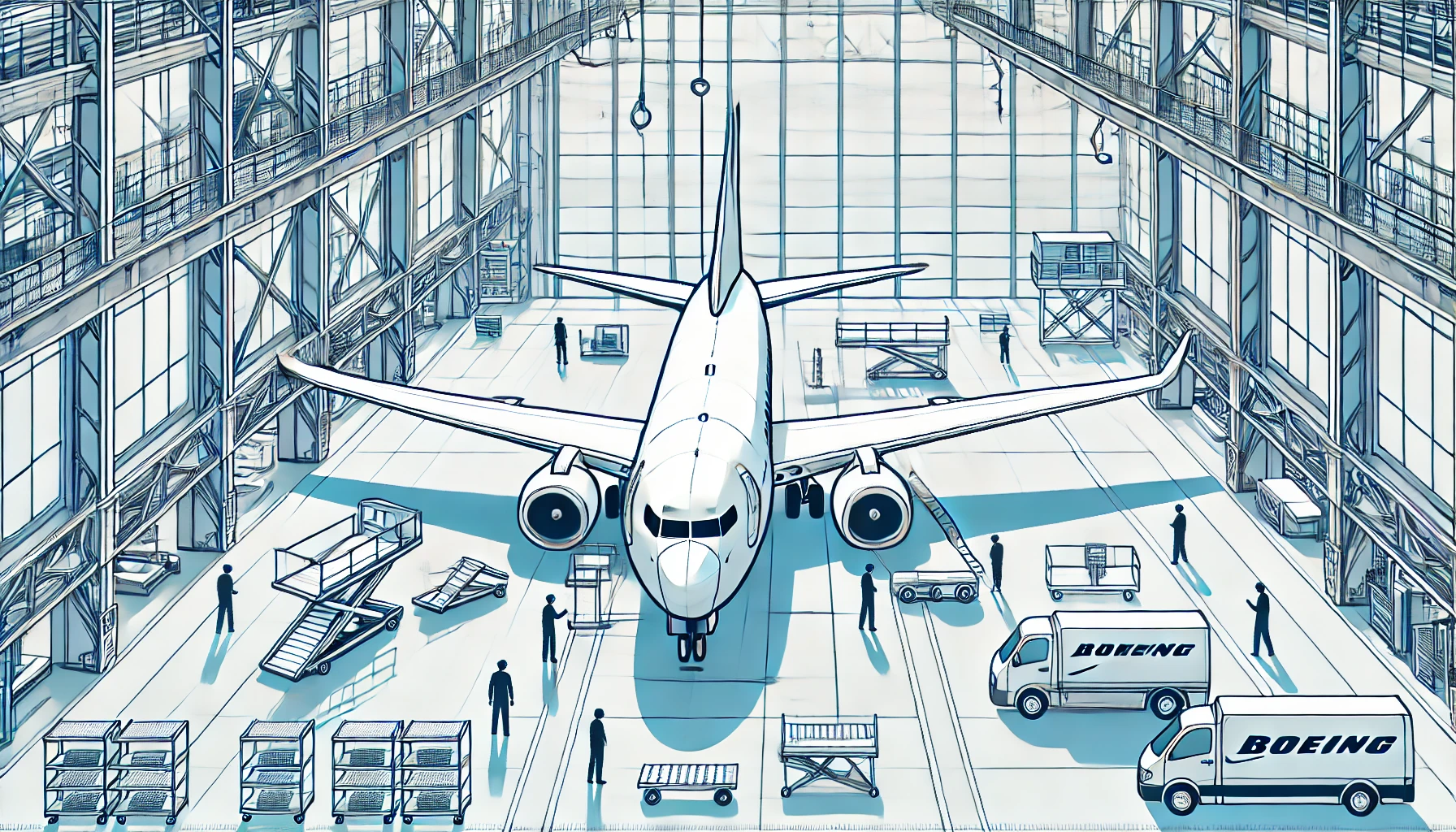 ”A minimalist image of a Boeing 737 being assembled in a modern factory, highlighting the aircraft and a few workers”.