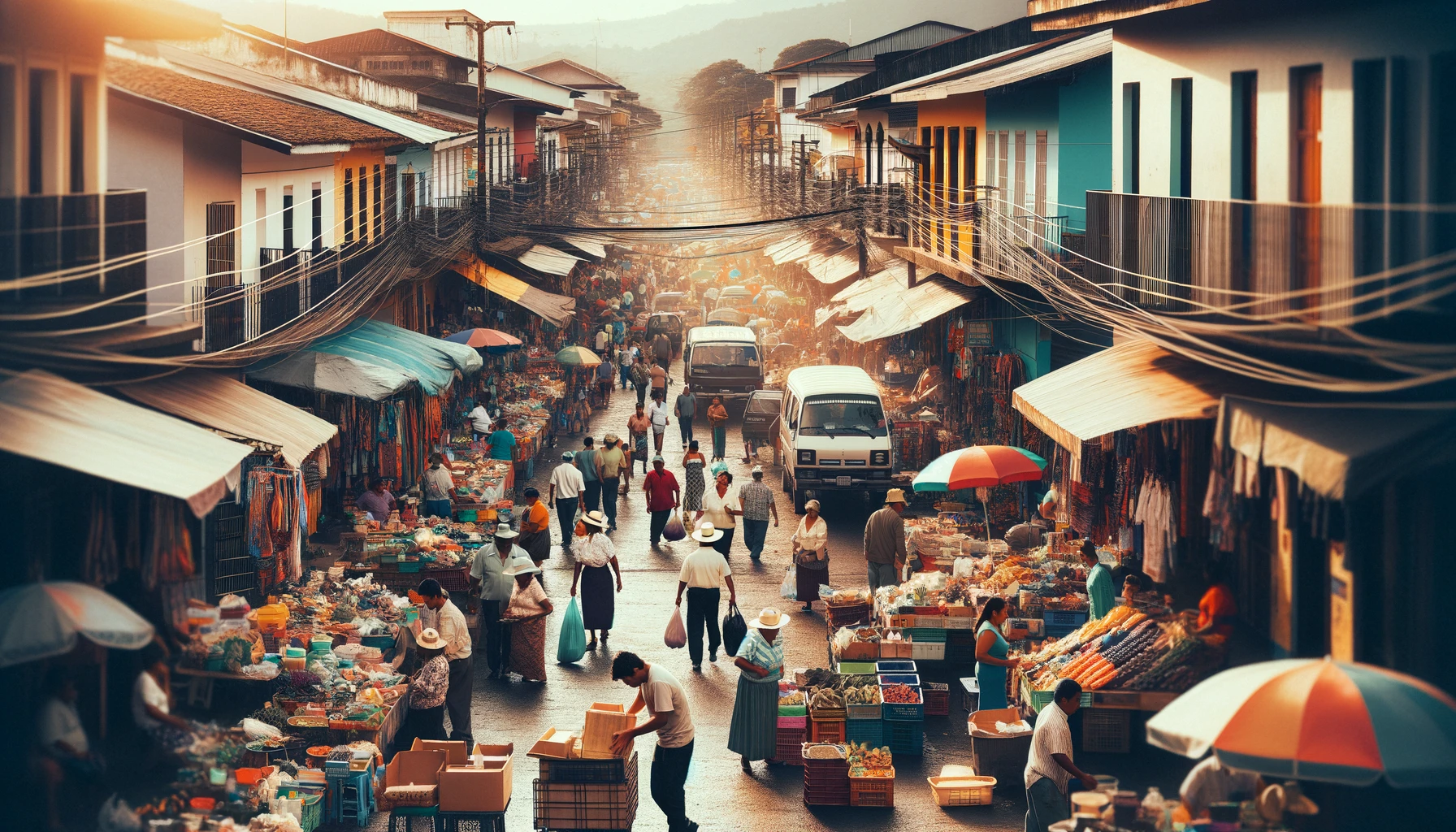 "A bustling market street in El Salvador with vendors selling goods, highlighting economic activity.”