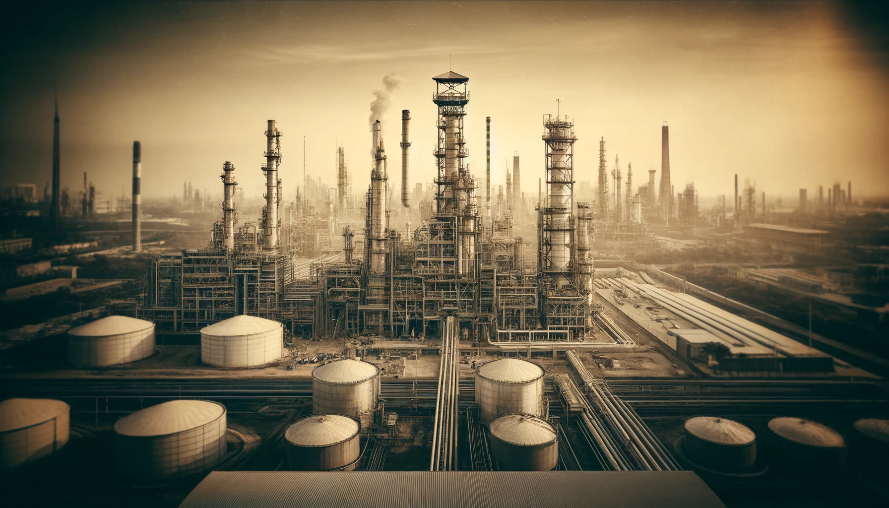 "Large oil refinery complex with multiple towers and storage tanks, highlighting industrial infrastructure."