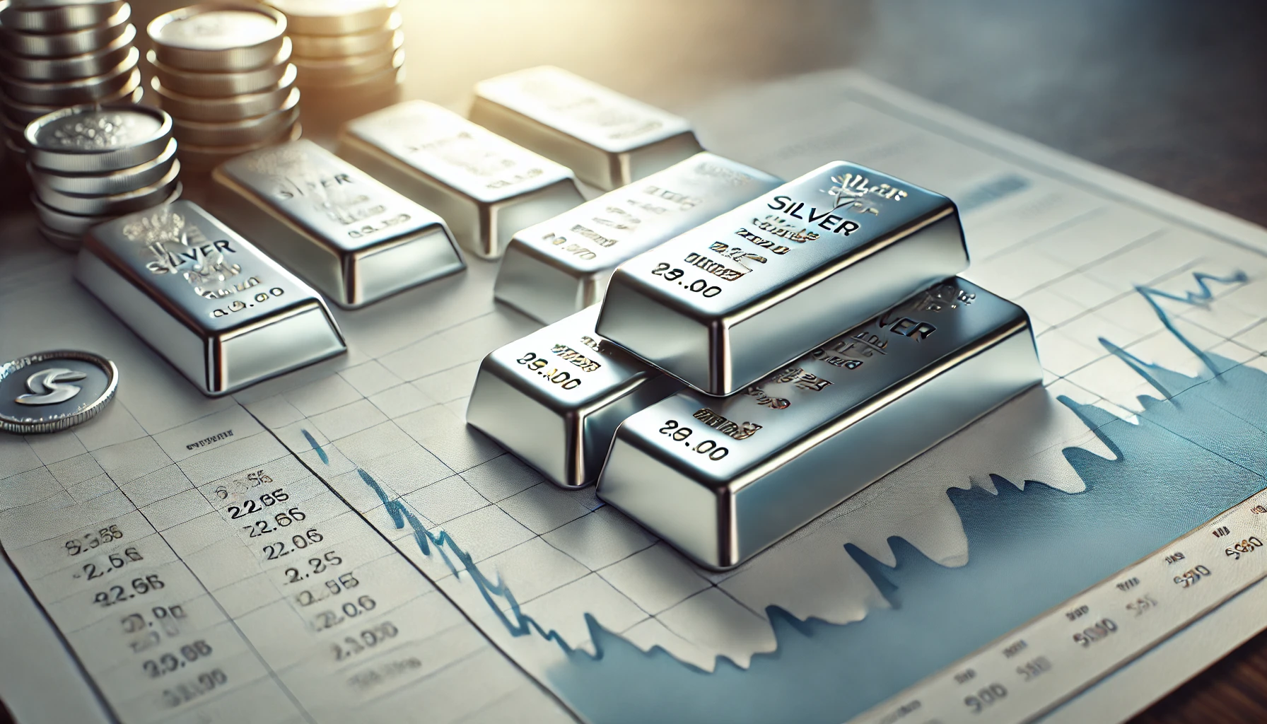 a single silver coin on a plain surface with a blurred stock chart in the background, well-lit with natural lighting.