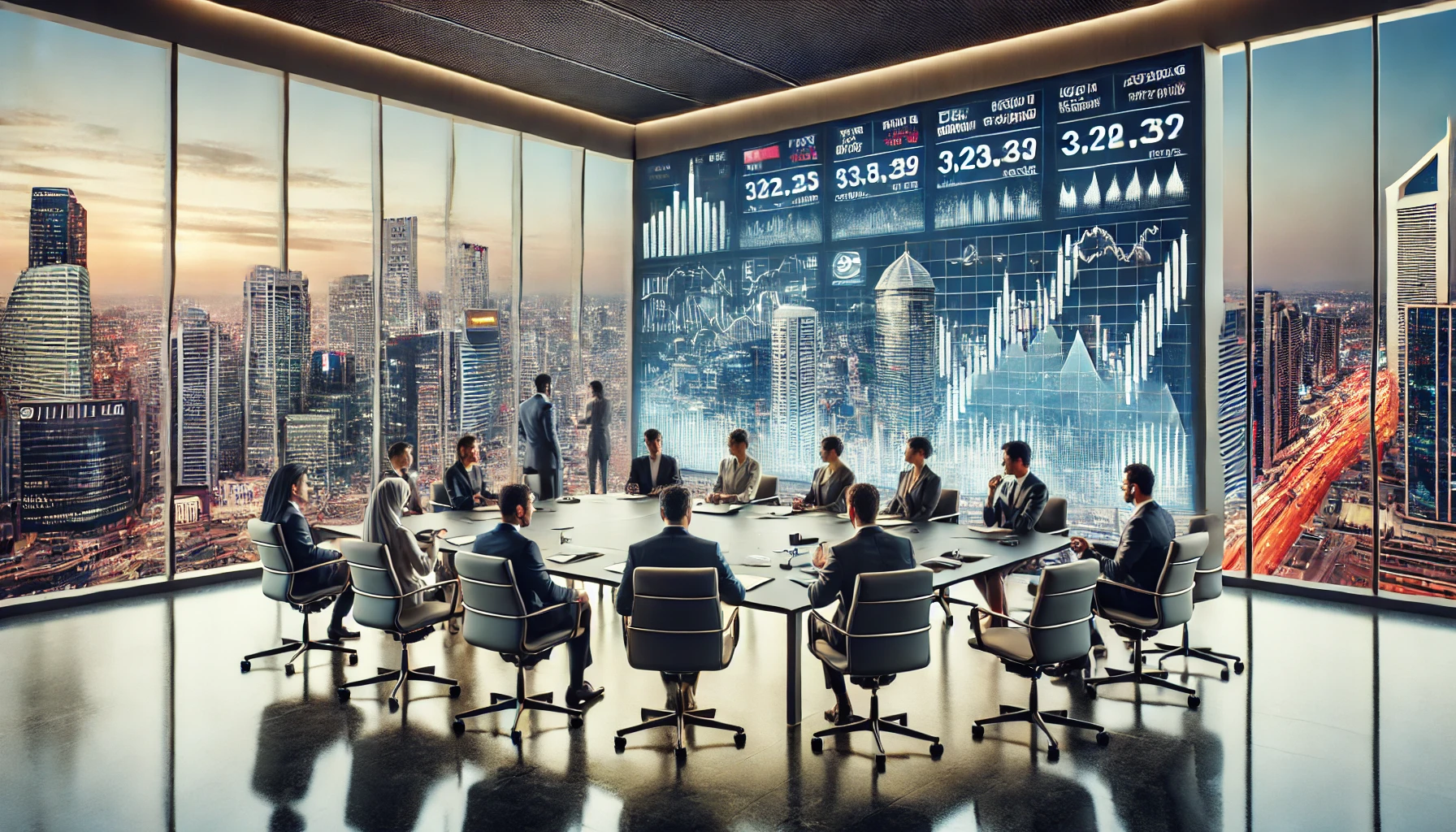 “Landscape view of a modern conference room with professionals discussing market trends, overlooking a vibrant cityscape”