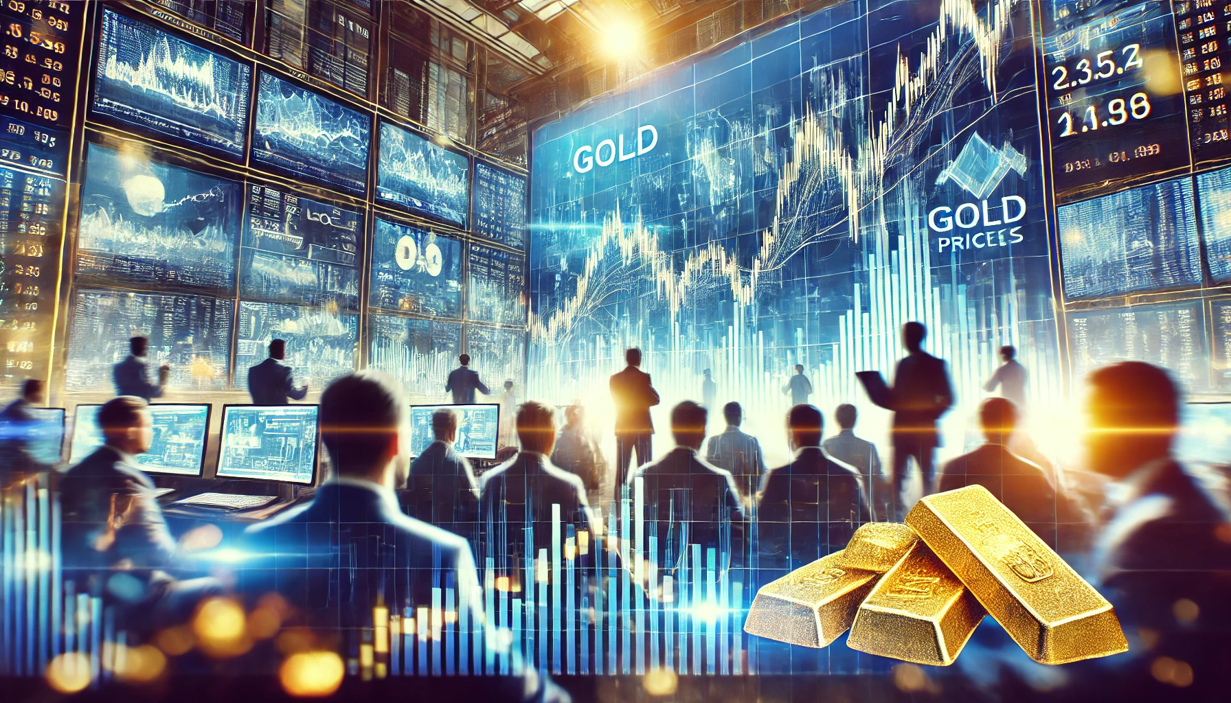 ”A bustling financial market with charts and graphs on large screens, traders actively monitoring, with gold prices”.