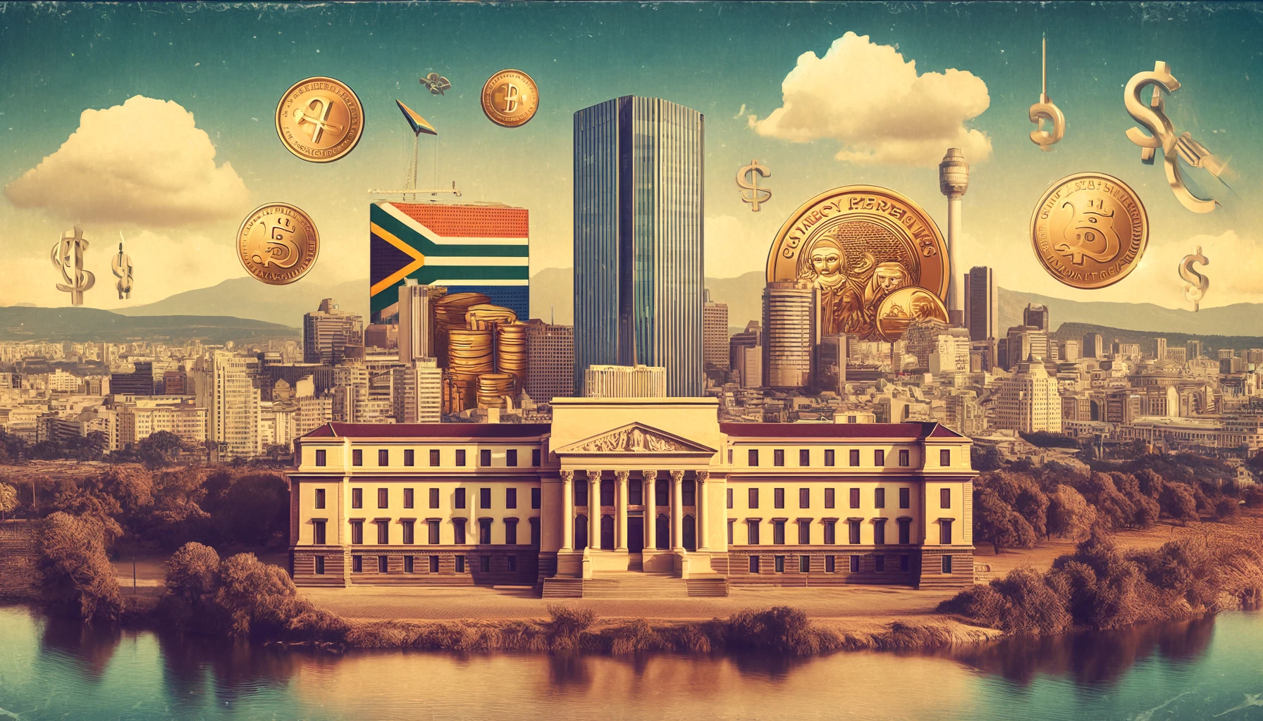 “photo showing the South African Reserve Bank, currency and gold elements symbolizing financial stability.”