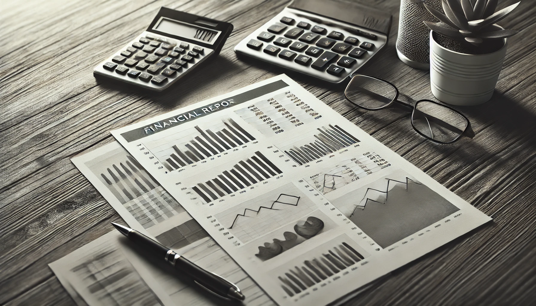 "Financial report with graphs and charts on a wooden desk, accompanied by a pen and calculator, with a monochrome filter."