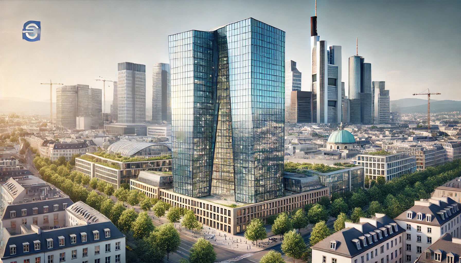 "European Central Bank building in Frankfurt with modern architecture and glass facade, surrounded by cityscape."