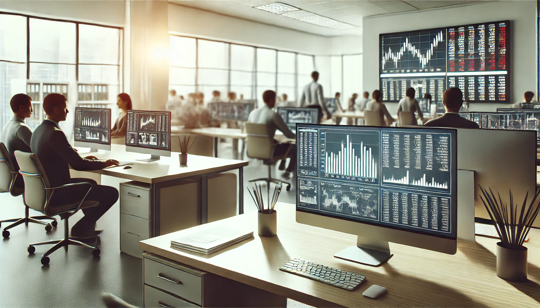 "Employees working at desks with computer monitors displaying financial data in a modern office."