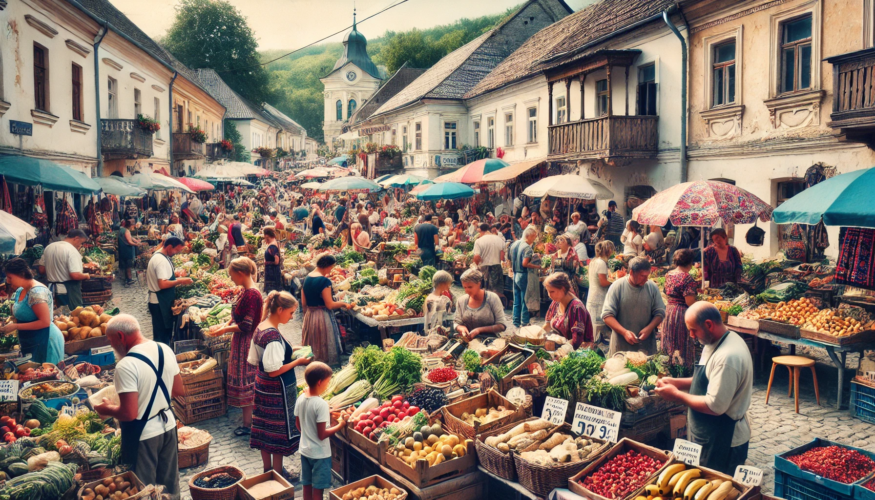 A bustling local market in Moldova with various stalls and people shopping, surrounded by old buildings in a town square.