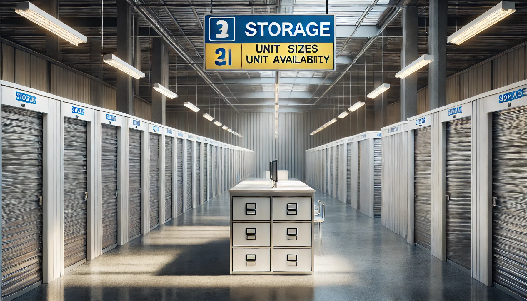 "Clean and organized self-storage facility with clear signage and natural lighting."