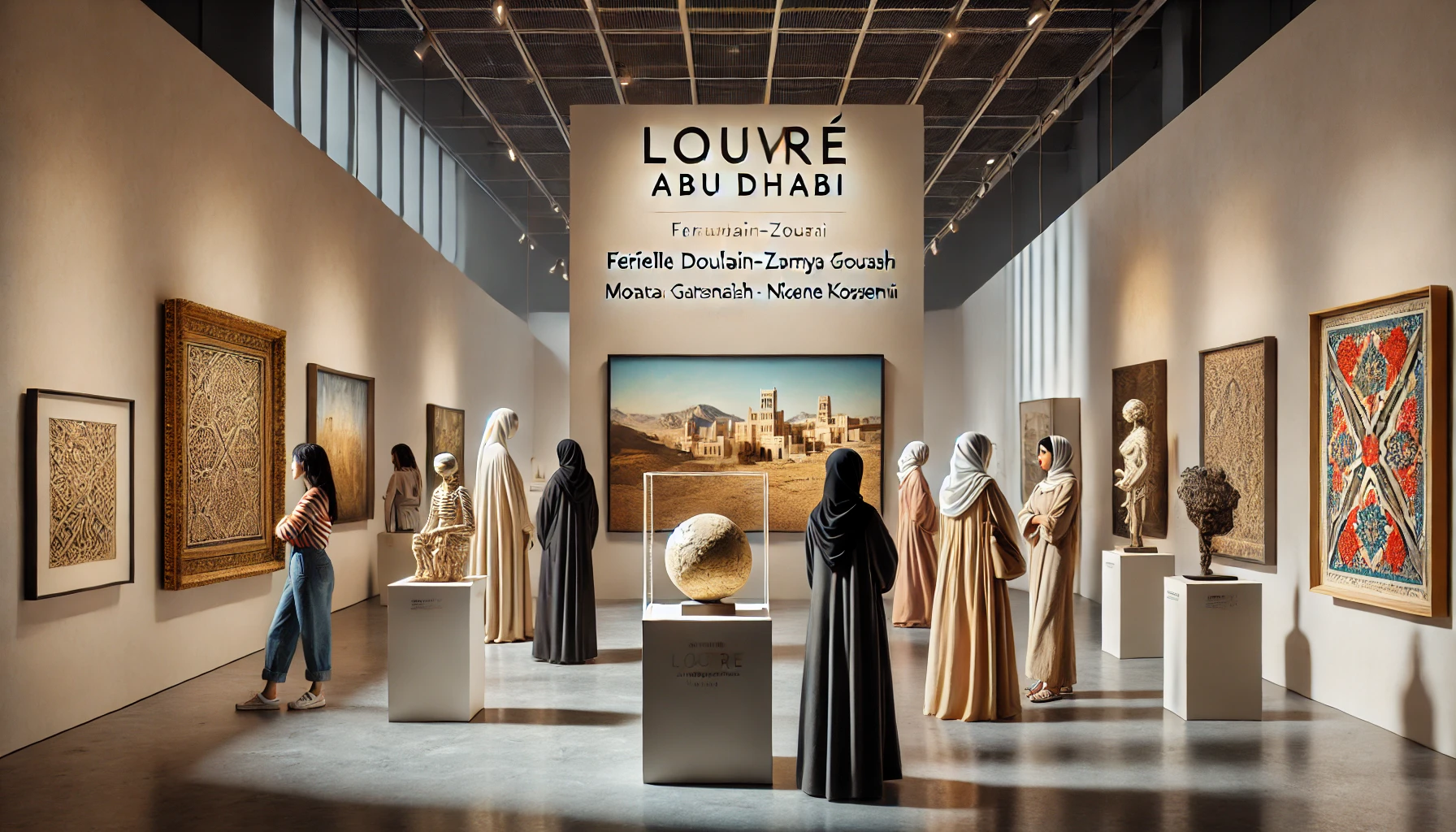 Visitors admiring diverse artworks in a clean, minimalist exhibition space at Louvre Abu Dhabi