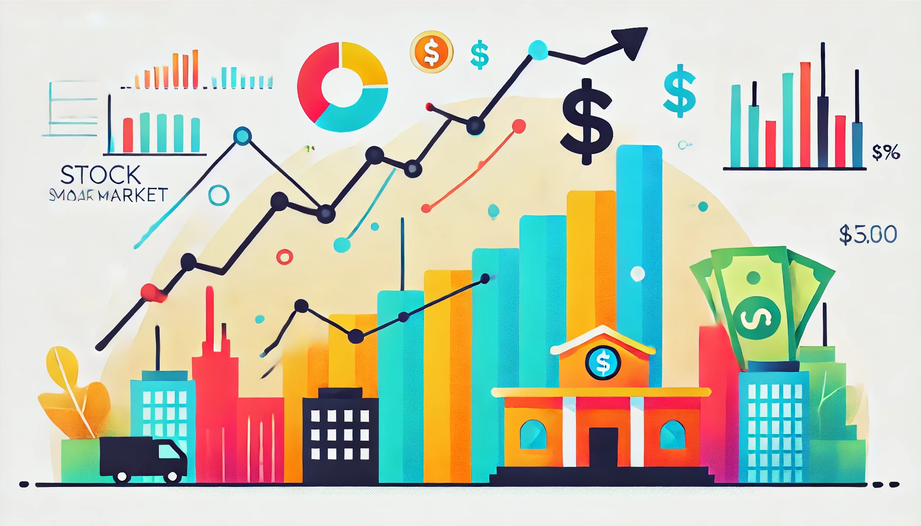 ”A bright and simple illustration of a bullish stock market with an upward-moving graph, vibrant colors, and economic symbols”.