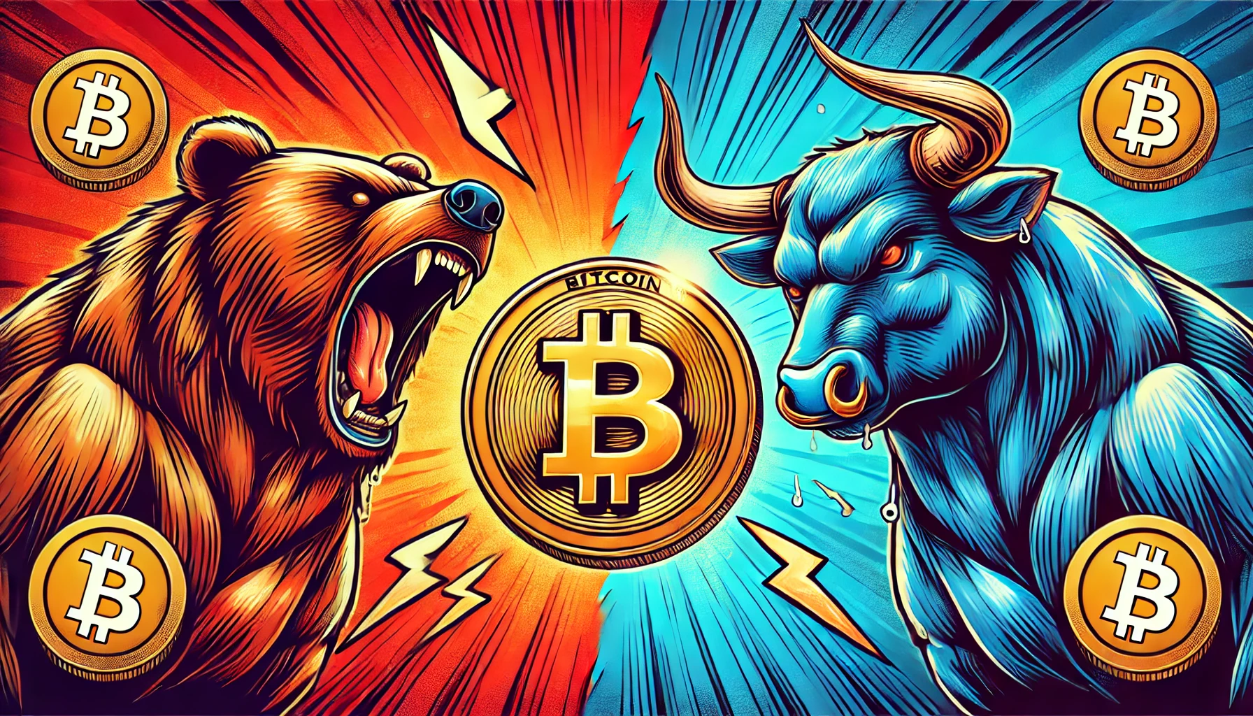 Illustration of Bitcoin market struggle with a fierce bear on the left and an aggressive bull on the right, split background.