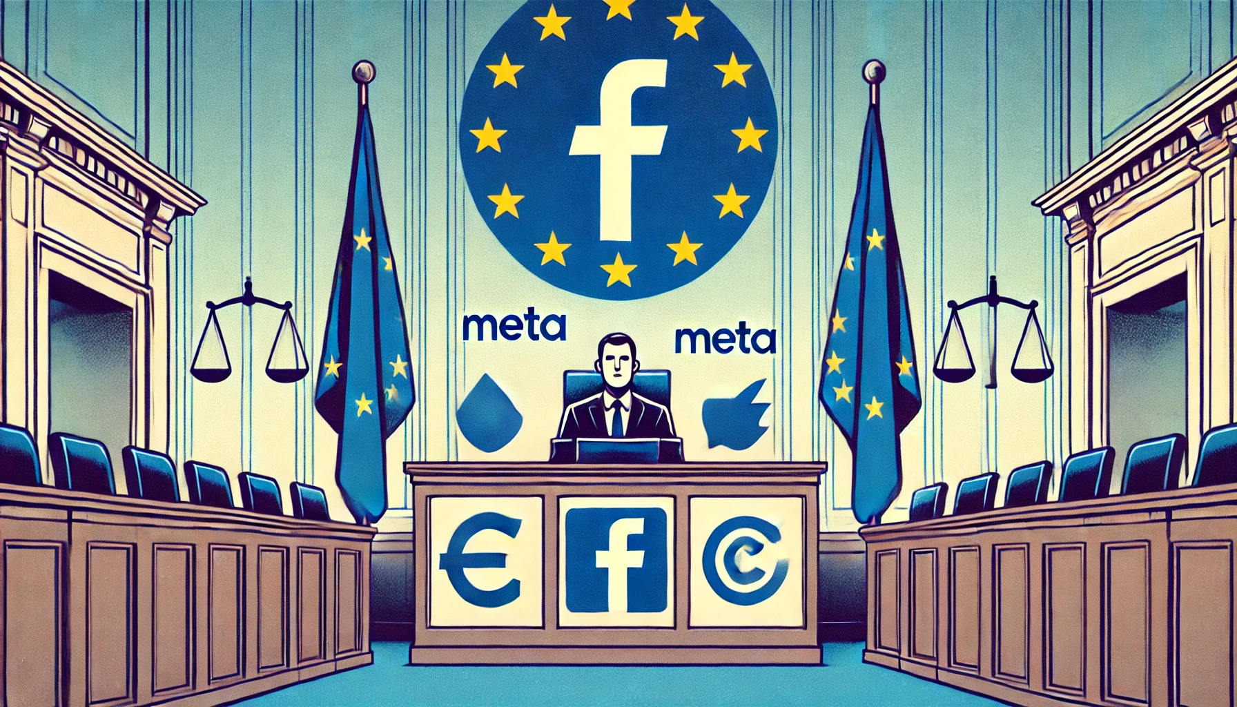 ”In a courtroom: EU flag backdrop, Meta logo on one side, smaller tech logos—setting the stage for regulatory scrutiny”.