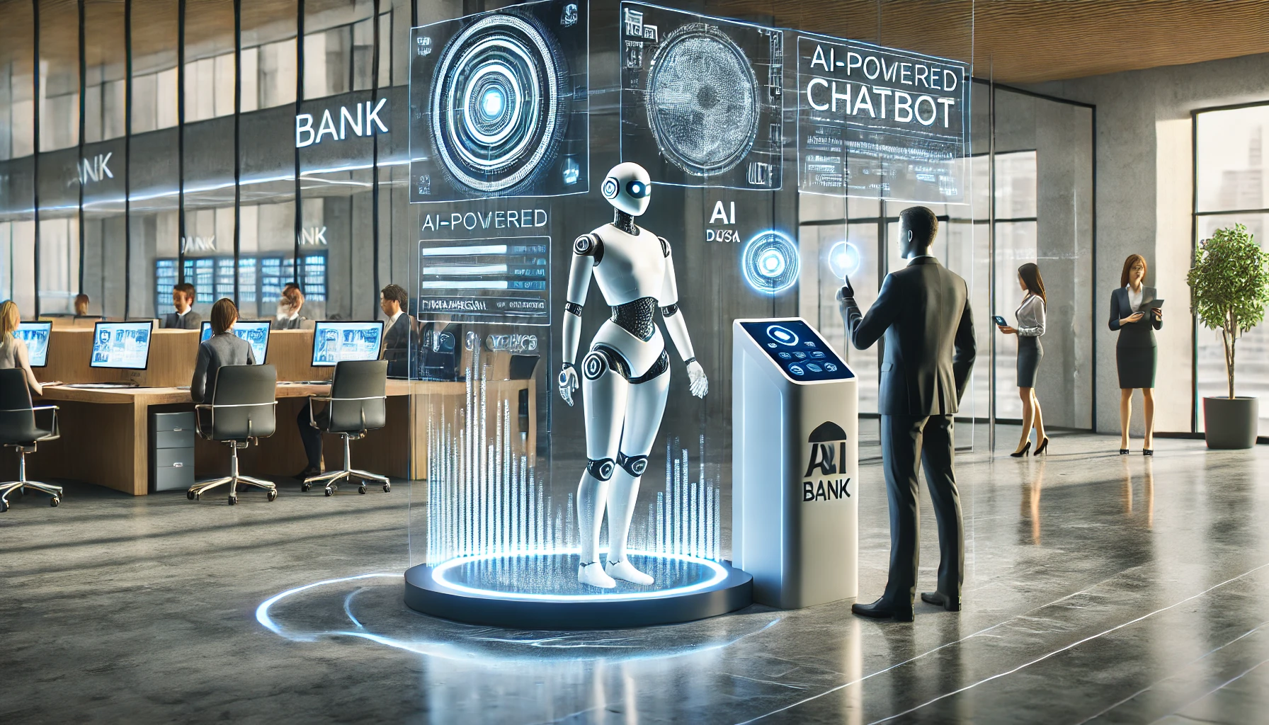 ”Modern bank lobby with AI chatbot kiosk, customer using virtual assistant on smartphone, and holographic financial displays”.