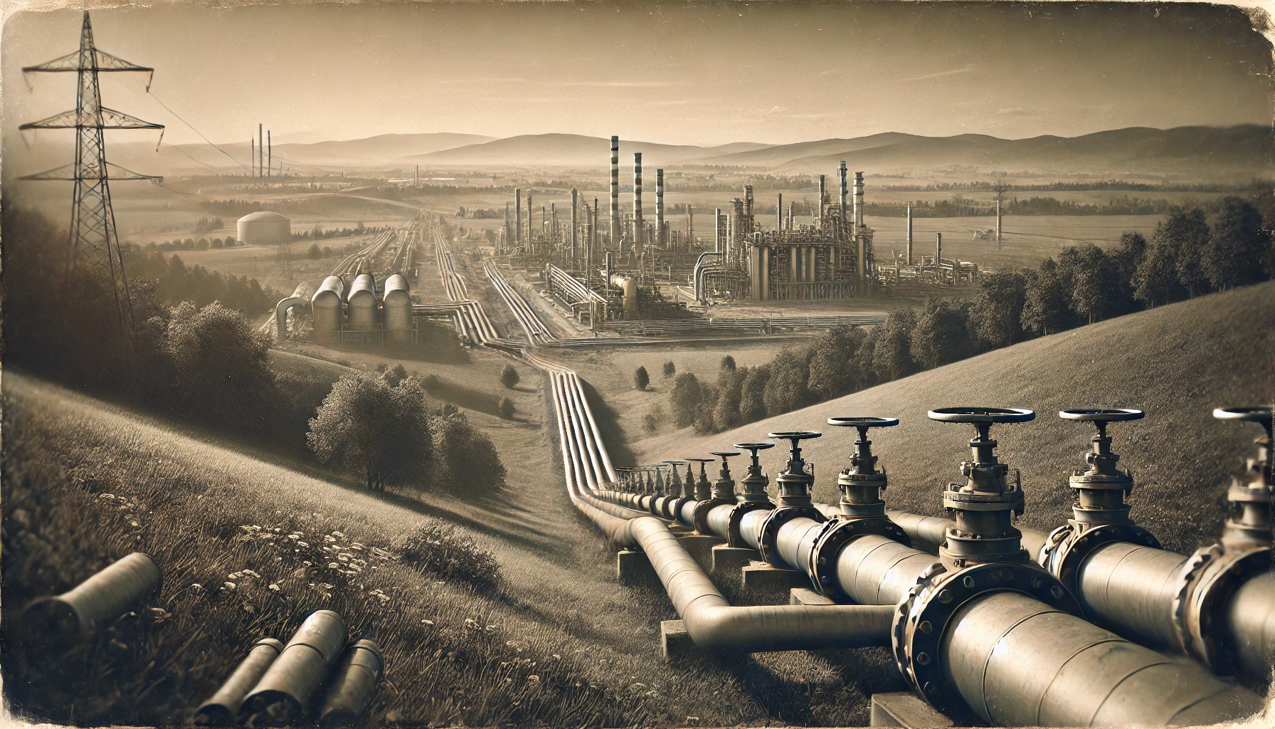 "European gas pipeline network with natural landscapes and industrial facilities in the background."