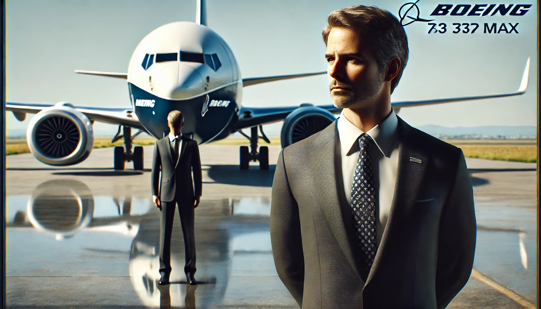 Boeing executive in a suit, standing solemnly in front of a grounded 737 MAX at an airport, in a landscape view.