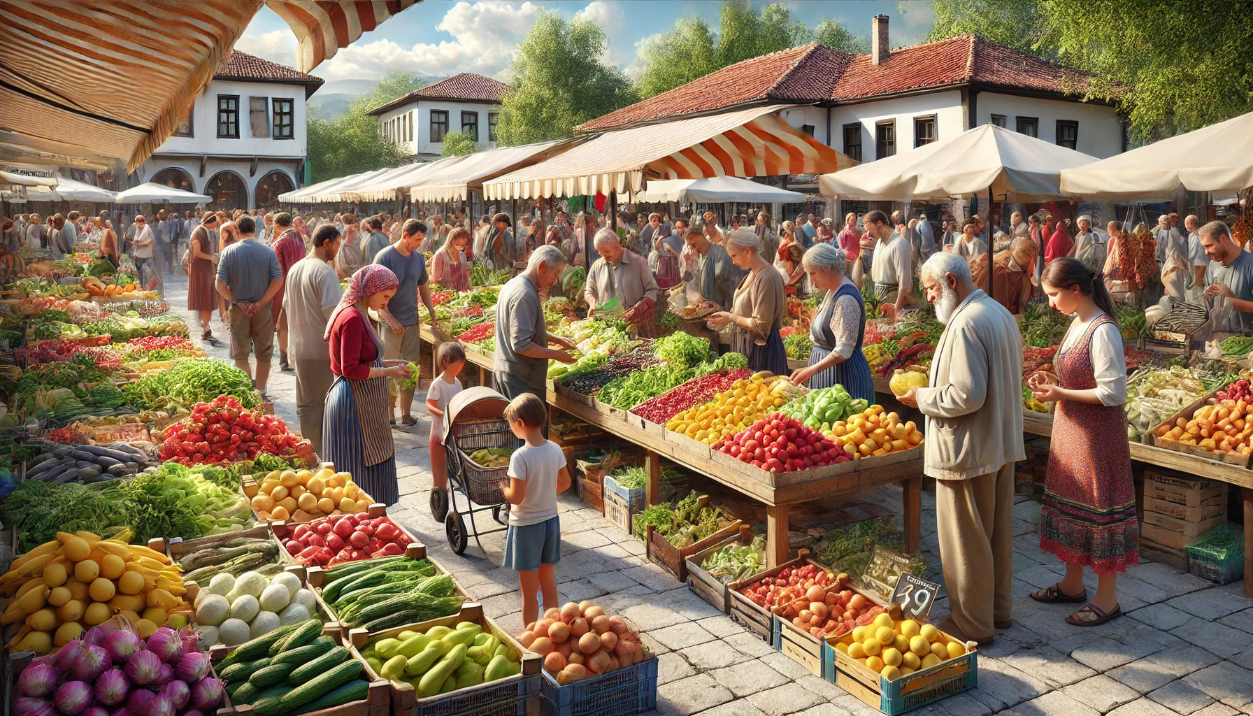 People shopping at a bustling Bulgarian outdoor market with fresh produce.