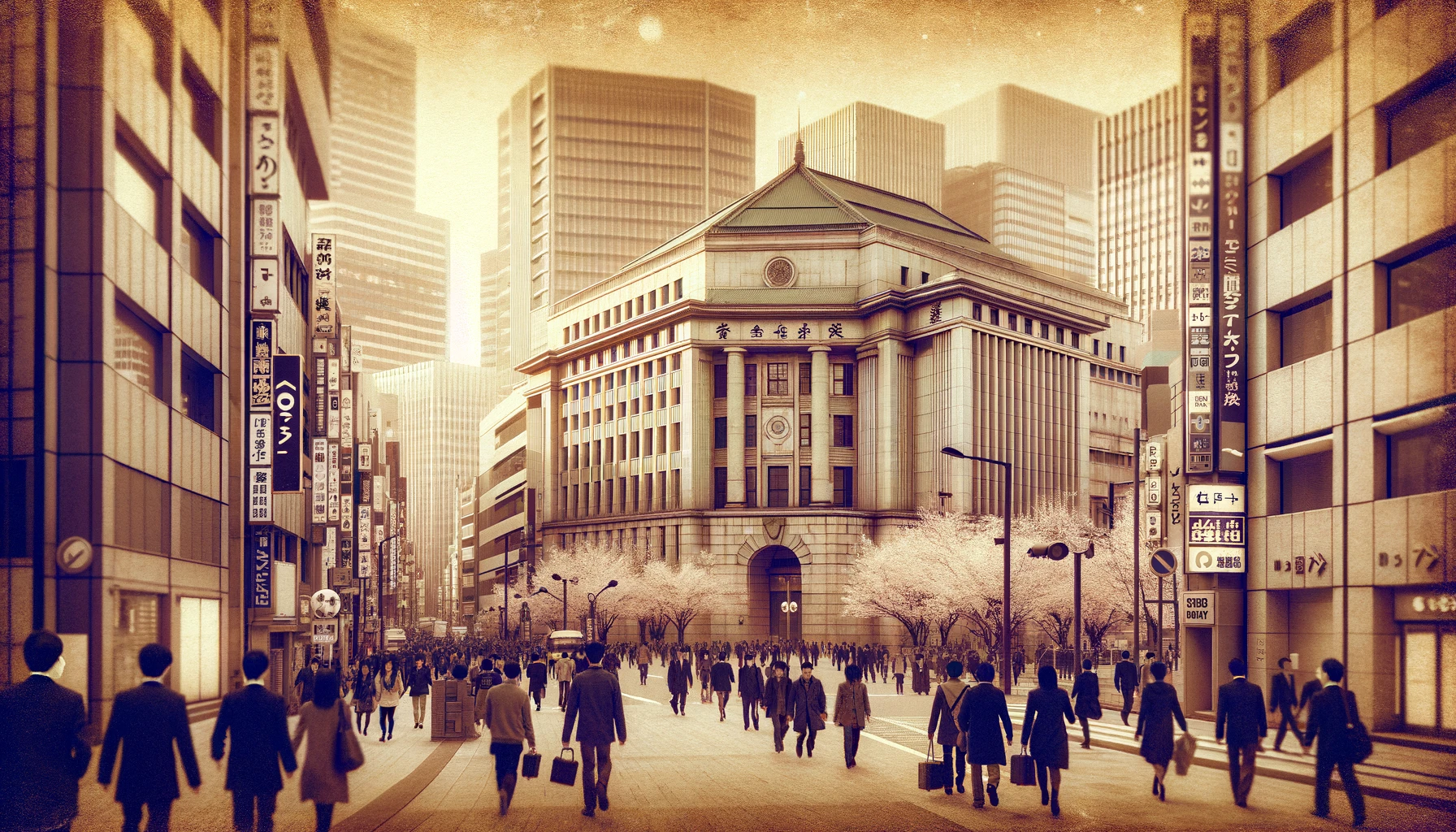 "A vintage sepia photograph of a bustling Japanese financial district with bank buildings, cherry blossoms, and people walking."