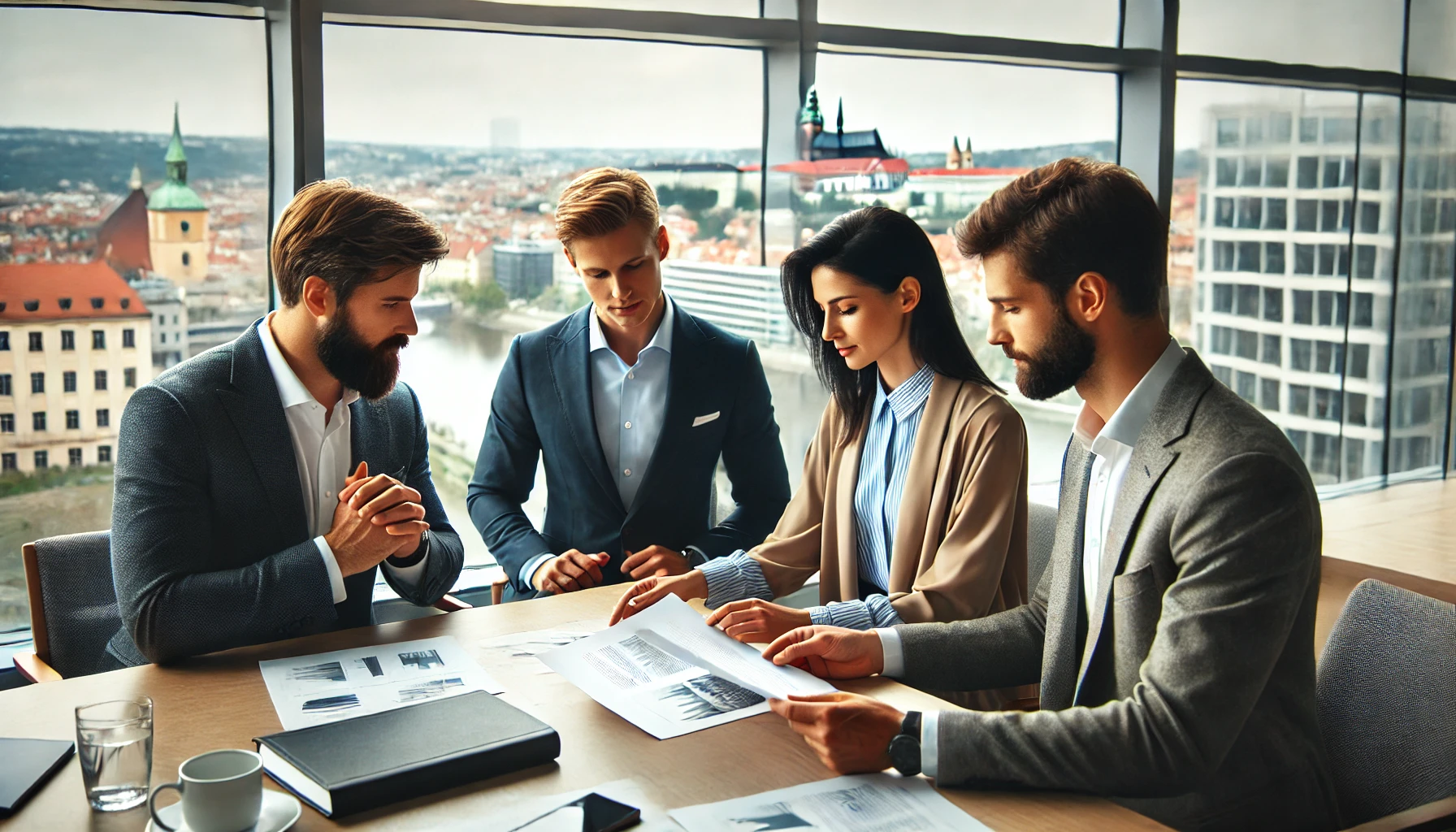 Three professionals discussing documents in a modern office with Prague cityscape in the background.