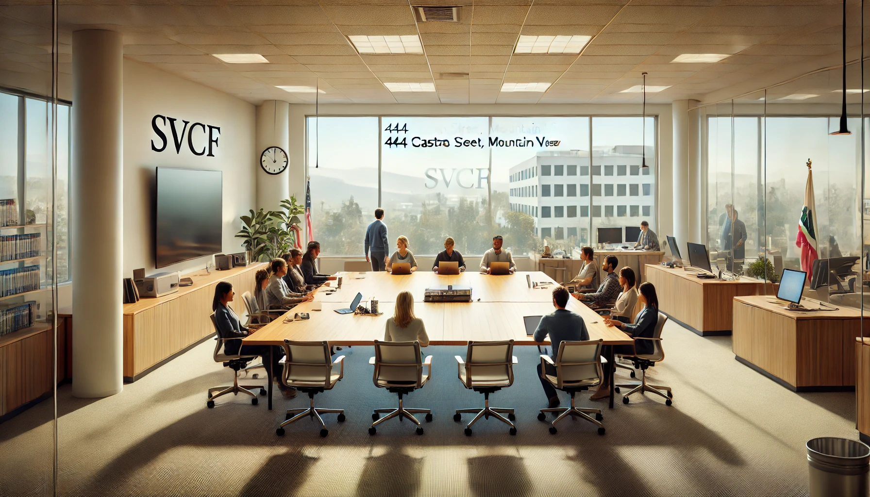 “Diverse group of people collaborating at a wooden conference table in a modest, well-lit office space.”