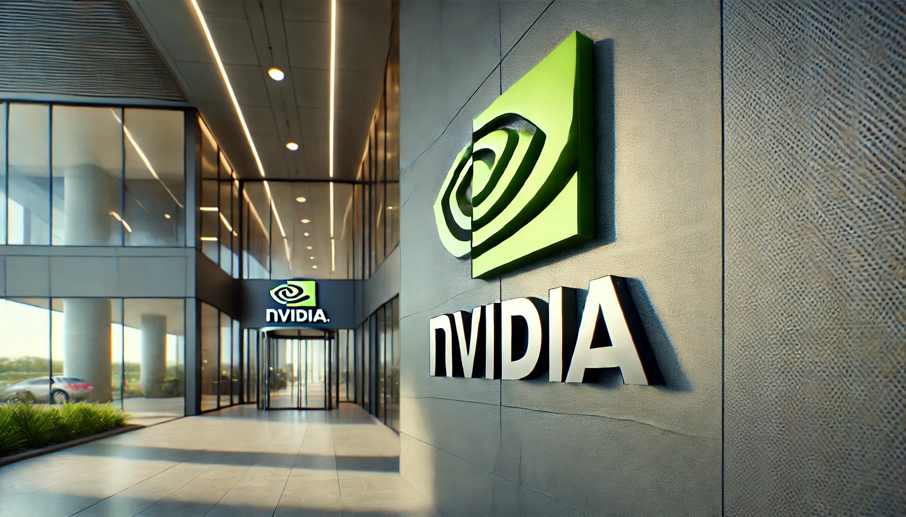 Close-up of Nvidia's corporate office entrance with the company logo on a building facade, well-lit with natural lighting.