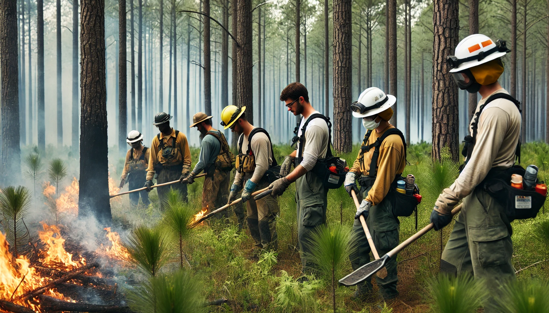 “Forestry workers conducting a controlled burn in a longleaf pine forest, wearing protective gear and using fire equipment.”